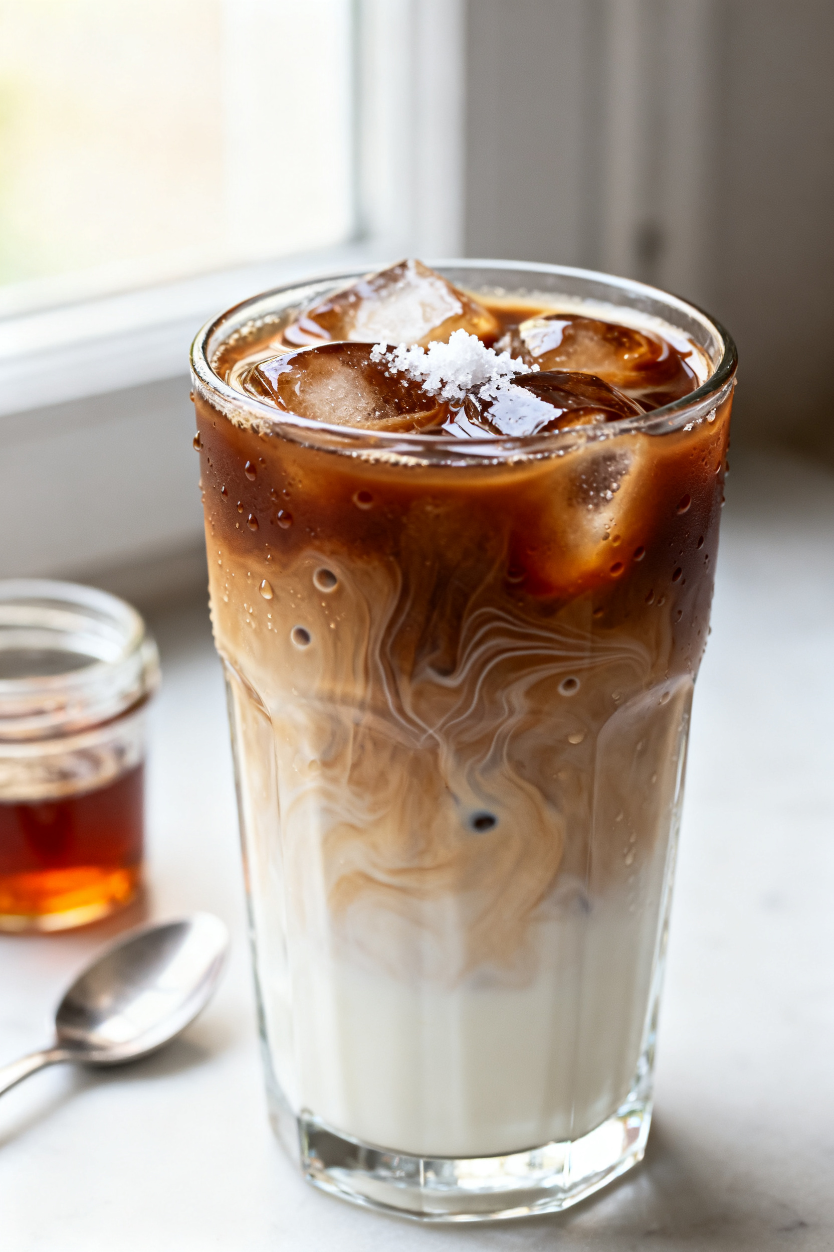 Summer Coffee Drinks — Skip the Coffee Shop - Cool, Easy, and Affordable Close-up detail shot: An iced latte in a clear highball glass packed with glossy coffee ice cubes, m