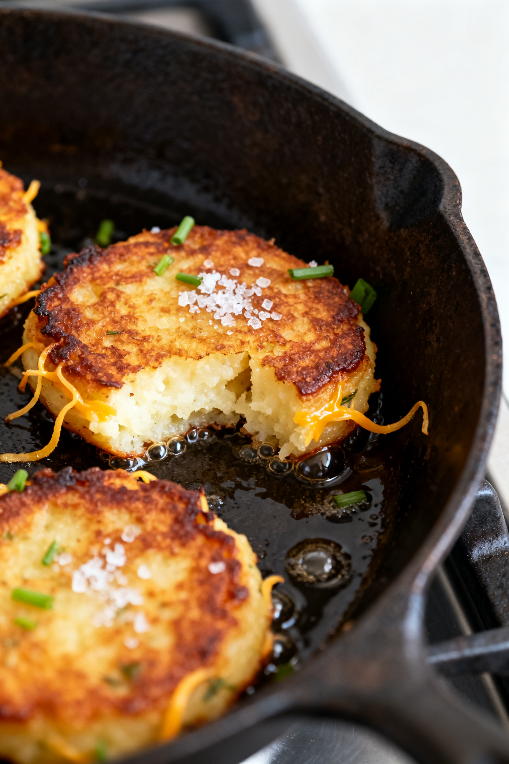 Fridge Almost Empty? Make This Tonight → Leftover Mashed Potatoes Almost Gone — Make This Tonight - Crispy Potato Cakes With Quick Pantry Toppings Close-up detail shot: Golden-brown potato cakes sizzling in a well-seasoned cast-iron skillet, mid-p