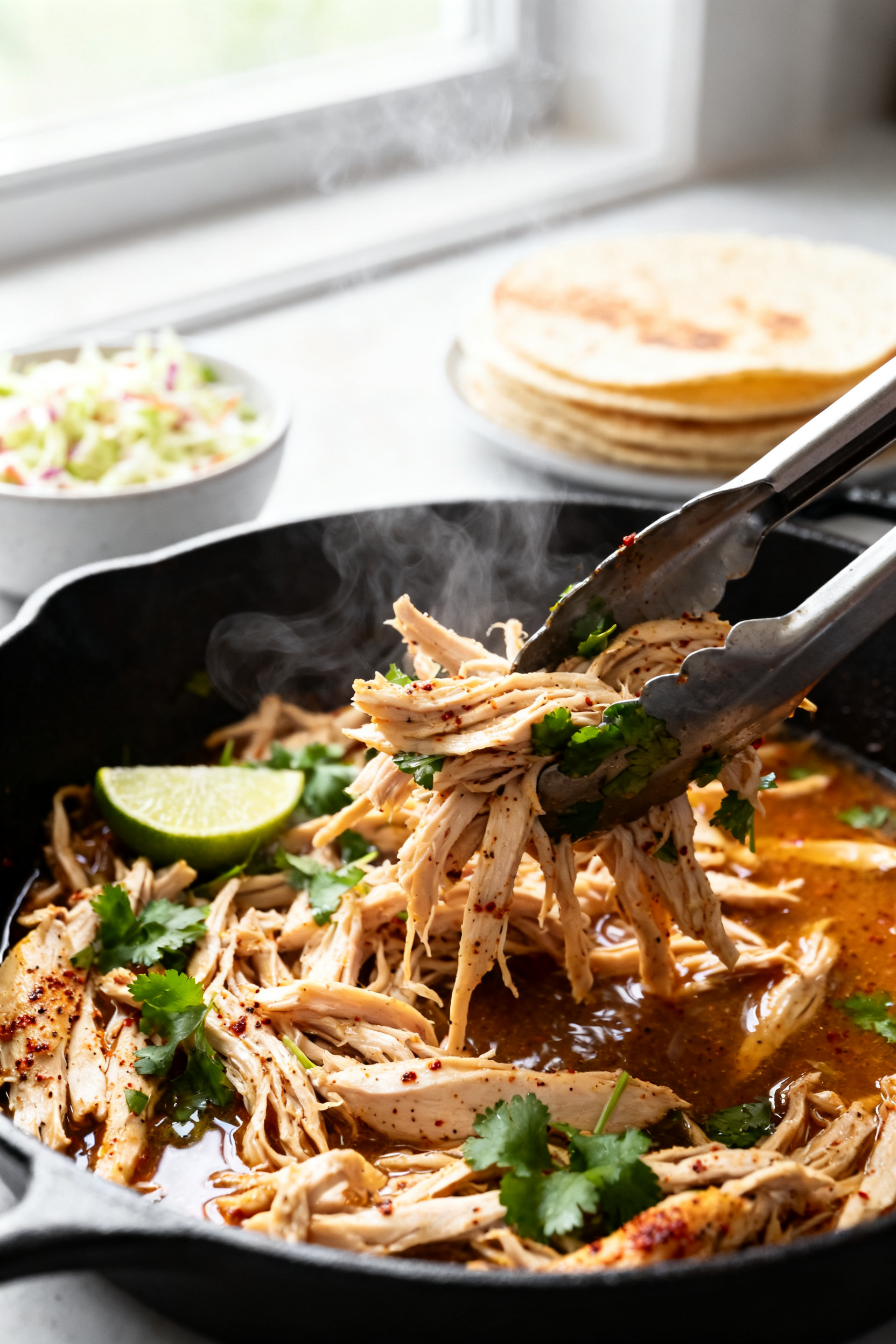Close-up detail shot: Tender shredded citrus chicken for tacos glistening in its reduced cooking jui
