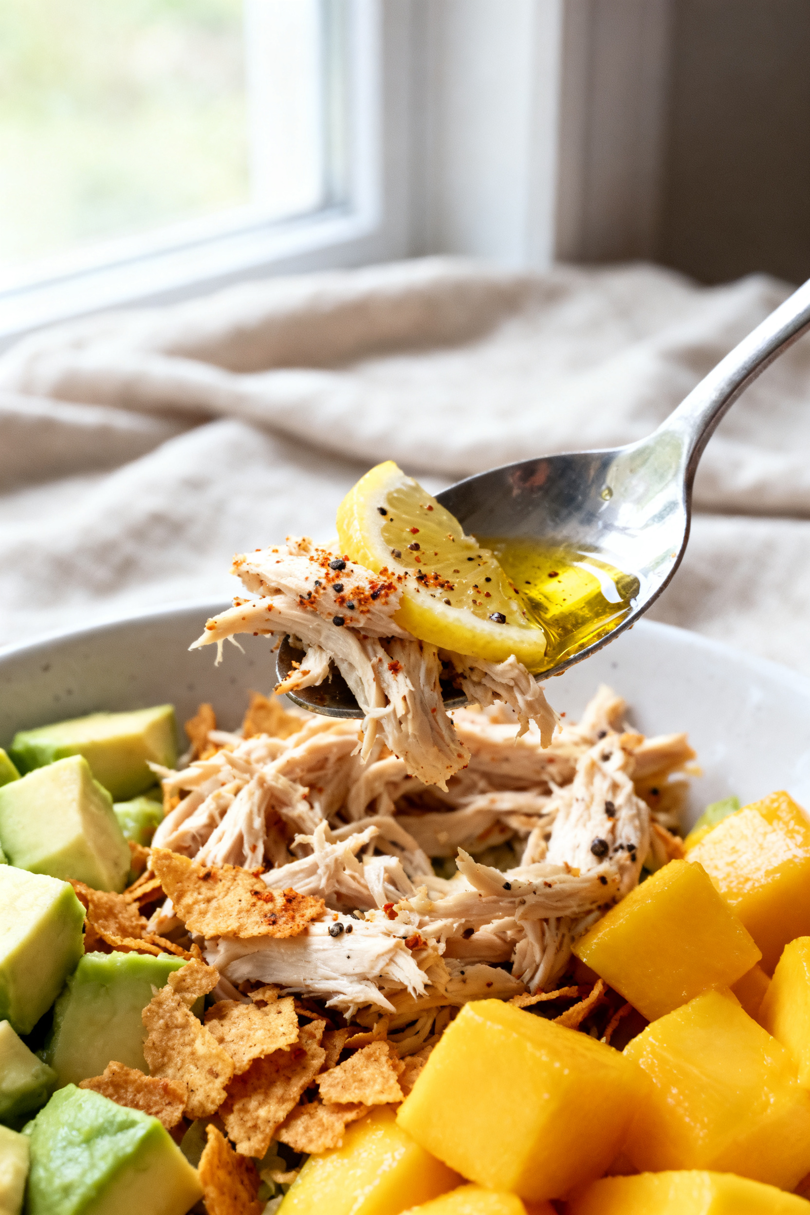 Close-up detail: Shredded leftover chicken tossed with lemon and olive oil glistening on a spoon, sp