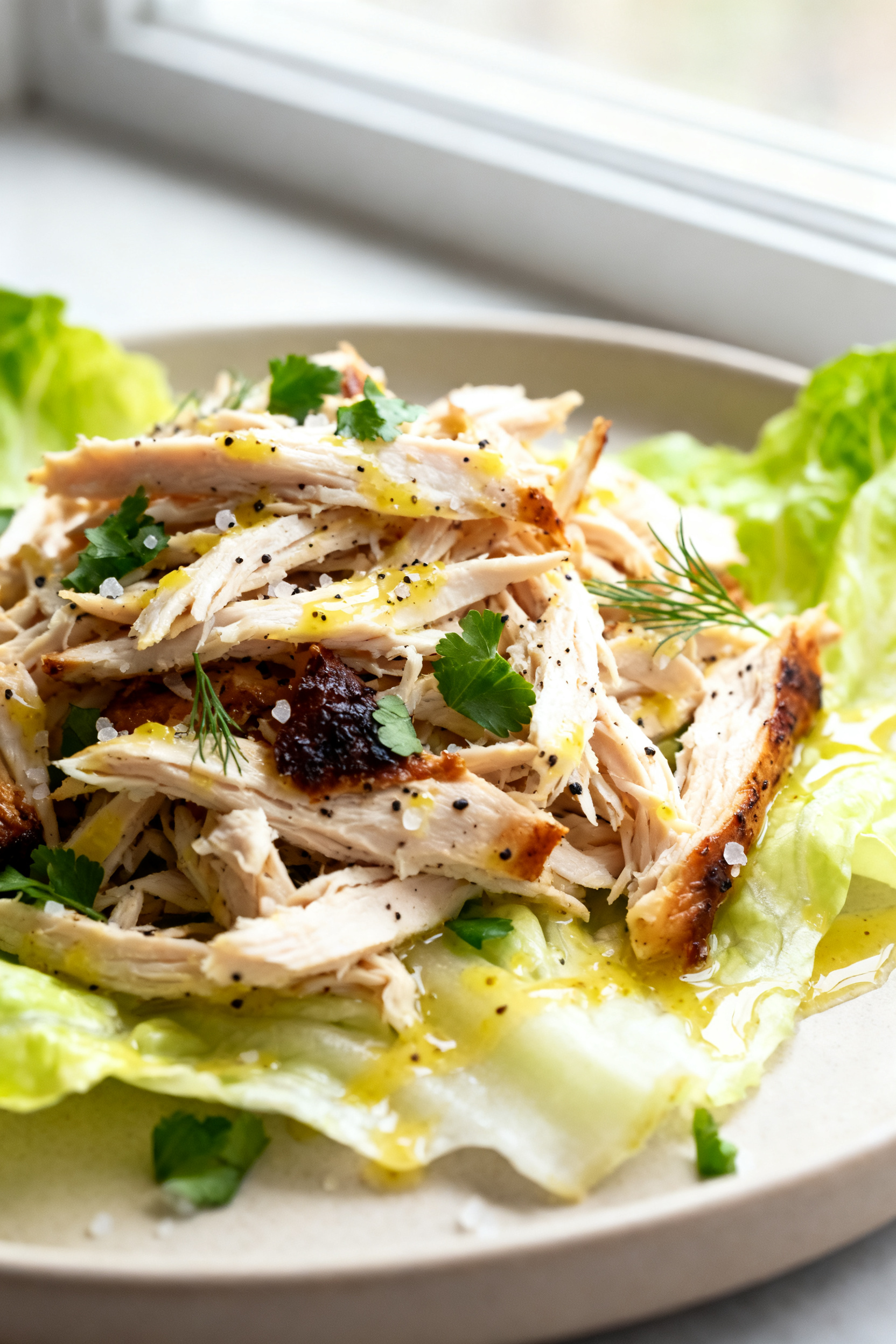 Zero Cooking. Full Flavor. Tonight. → "Leftover Rotisserie Chicken — Zero Cooking Full Flavor" - A Fast, Fresh Dinner You’ll Crave Close-up detail: Shredded rotisserie chicken piled onto a bed of lightly dressed romaine, glistening