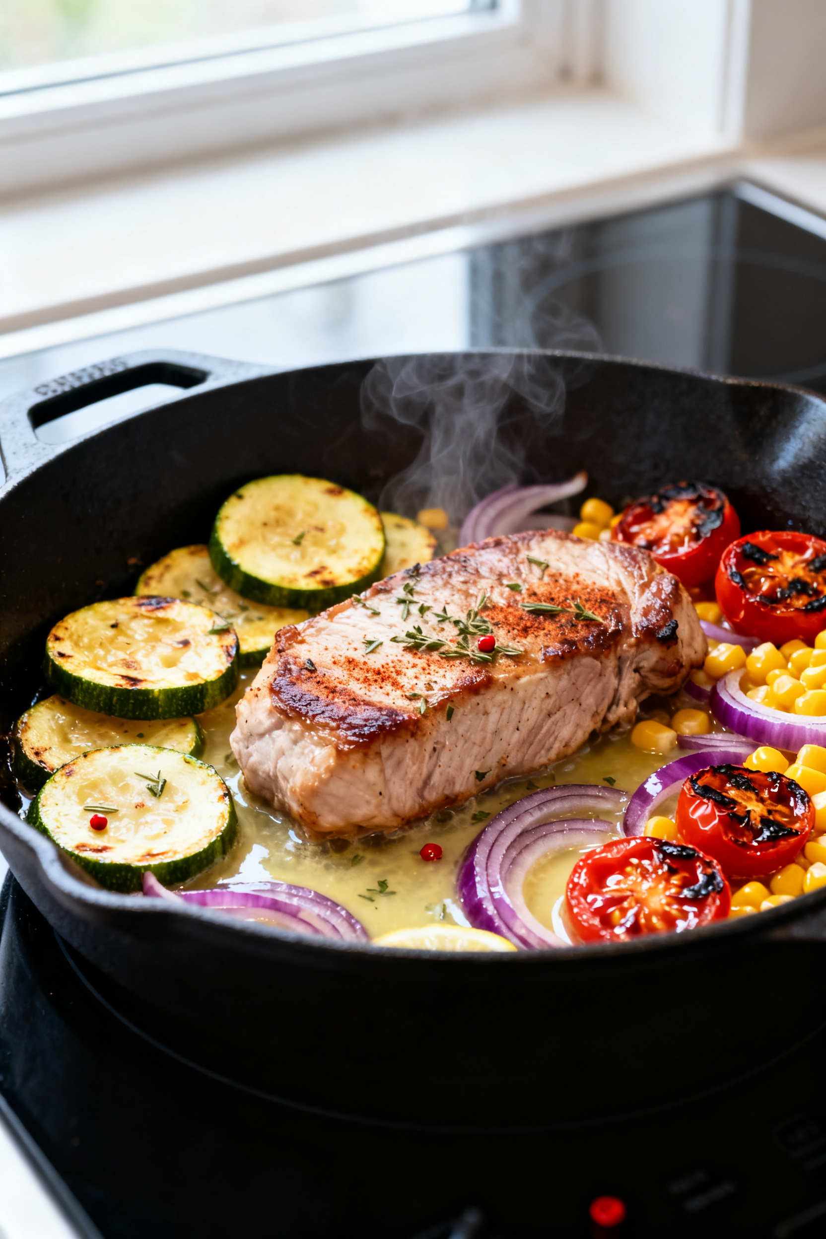 Summer Dinner Recipes — Leftover Pork Loin One Pan Done - Fast, Fresh, And Flavorful Close-up detail: Sizzling one-pan pork loin skillet mid-cook, showing golden-edged zucchini coins, b