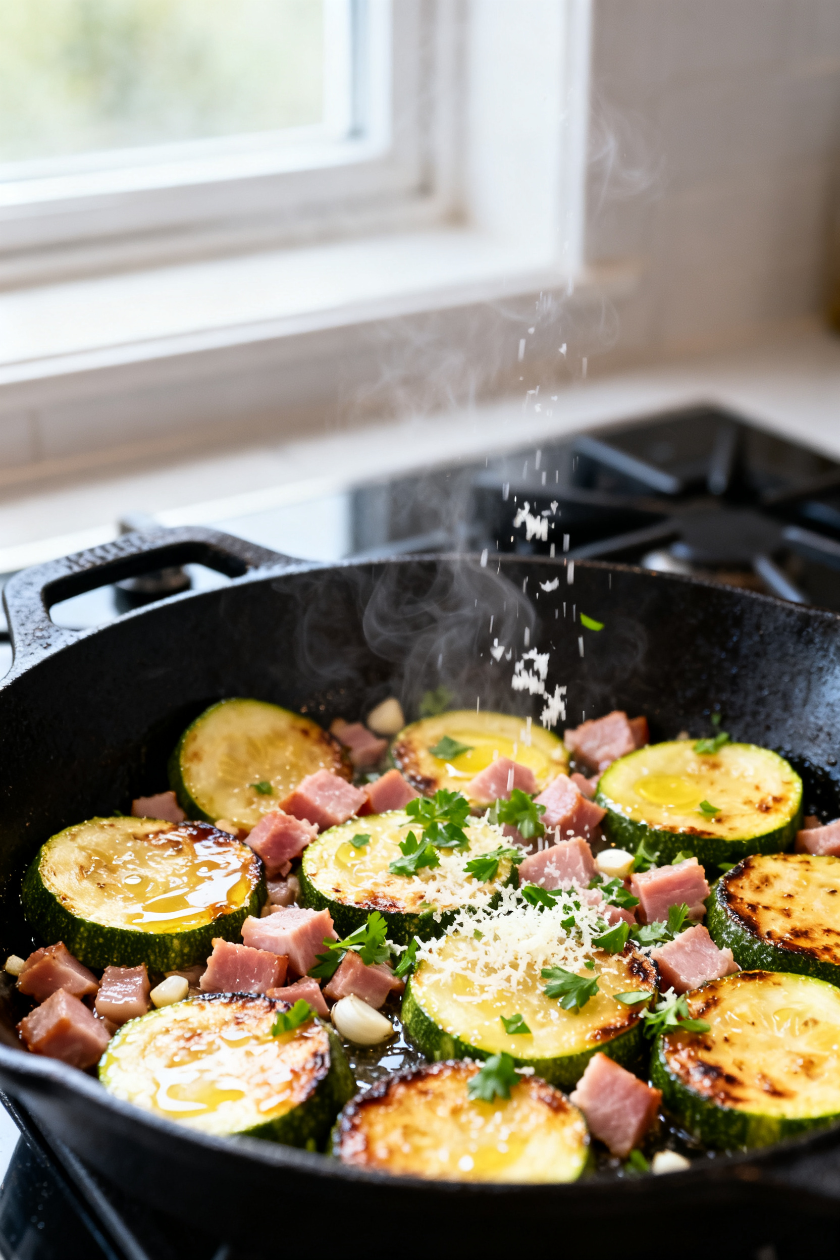Close-up detail: Skillet Ham and Zucchini sizzling in a black cast-iron pan, golden seared zucchini 
