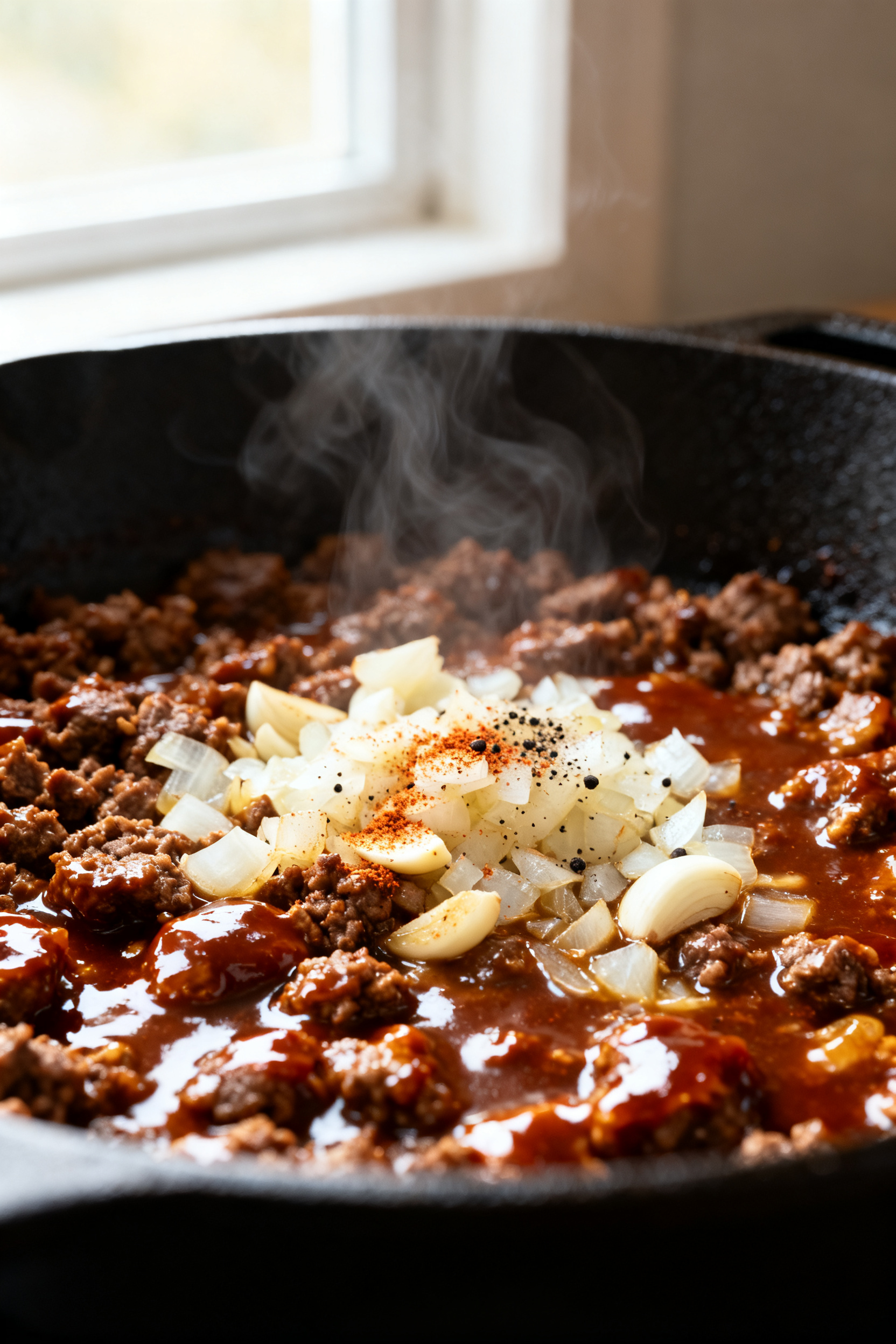 Leftover Ground Beef Recipes — BBQ Beef 3 New Dinners - Simple, Flavor-Packed Ideas Close-up detail: Skillet of glossy BBQ beef base sizzling over medium heat, minced garlic and finely