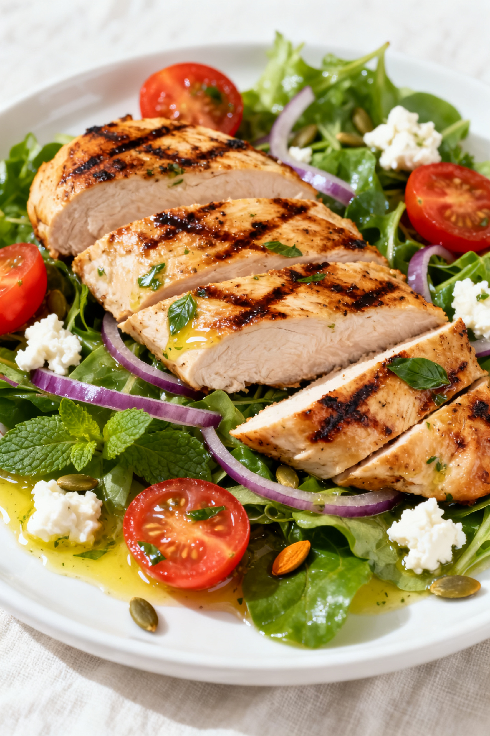 Close-up detail: Sliced grilled chicken breast resting on a salad plate of mixed greens, halved cher