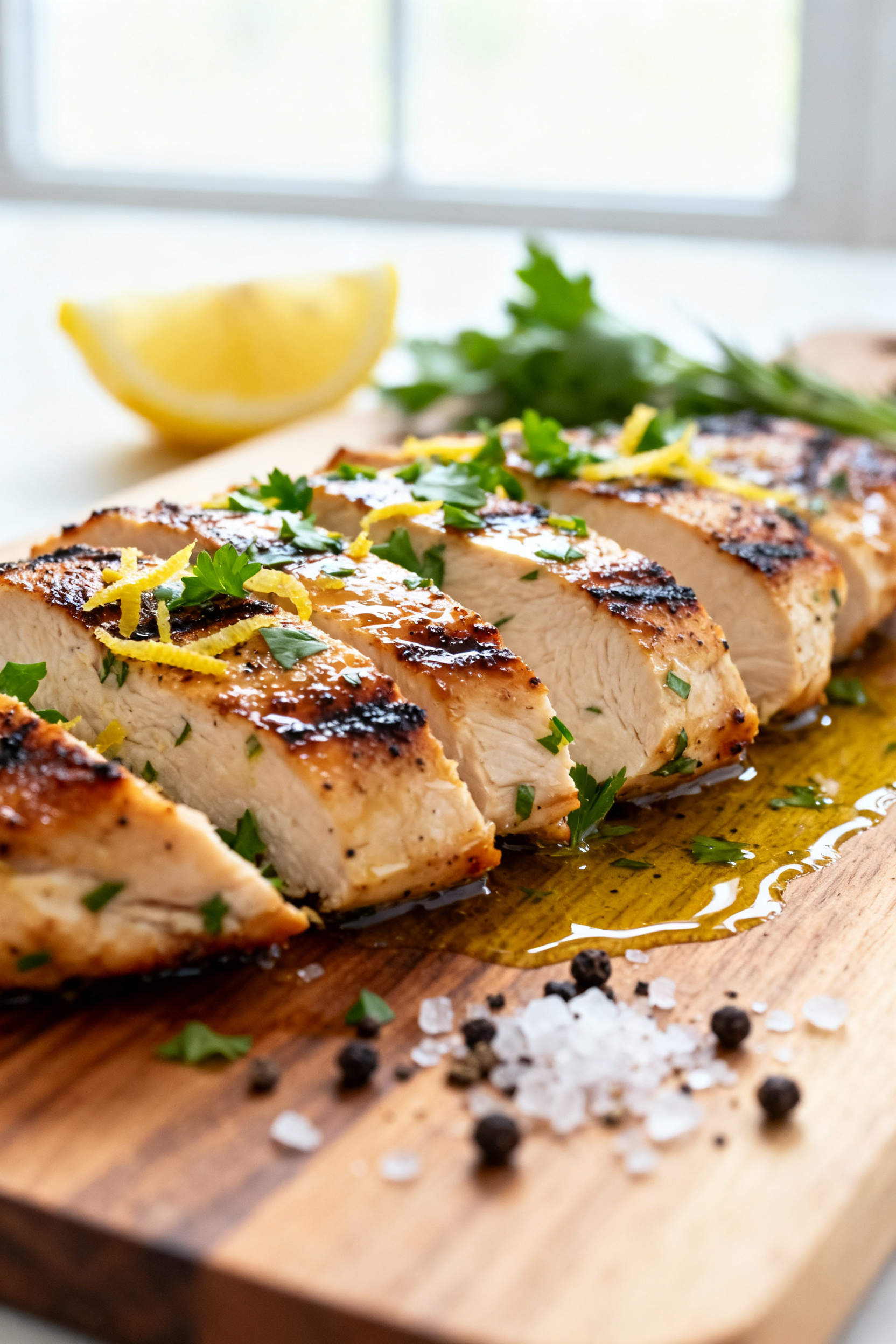 Healthy Summer Dinner Recipes — Fresh Easy Family Favorite - Light, Flavorful, and Weeknight-Friendly Close-up detail: Sliced grilled lemon-herb chicken cutlets resting on a wooden board, glistening wit