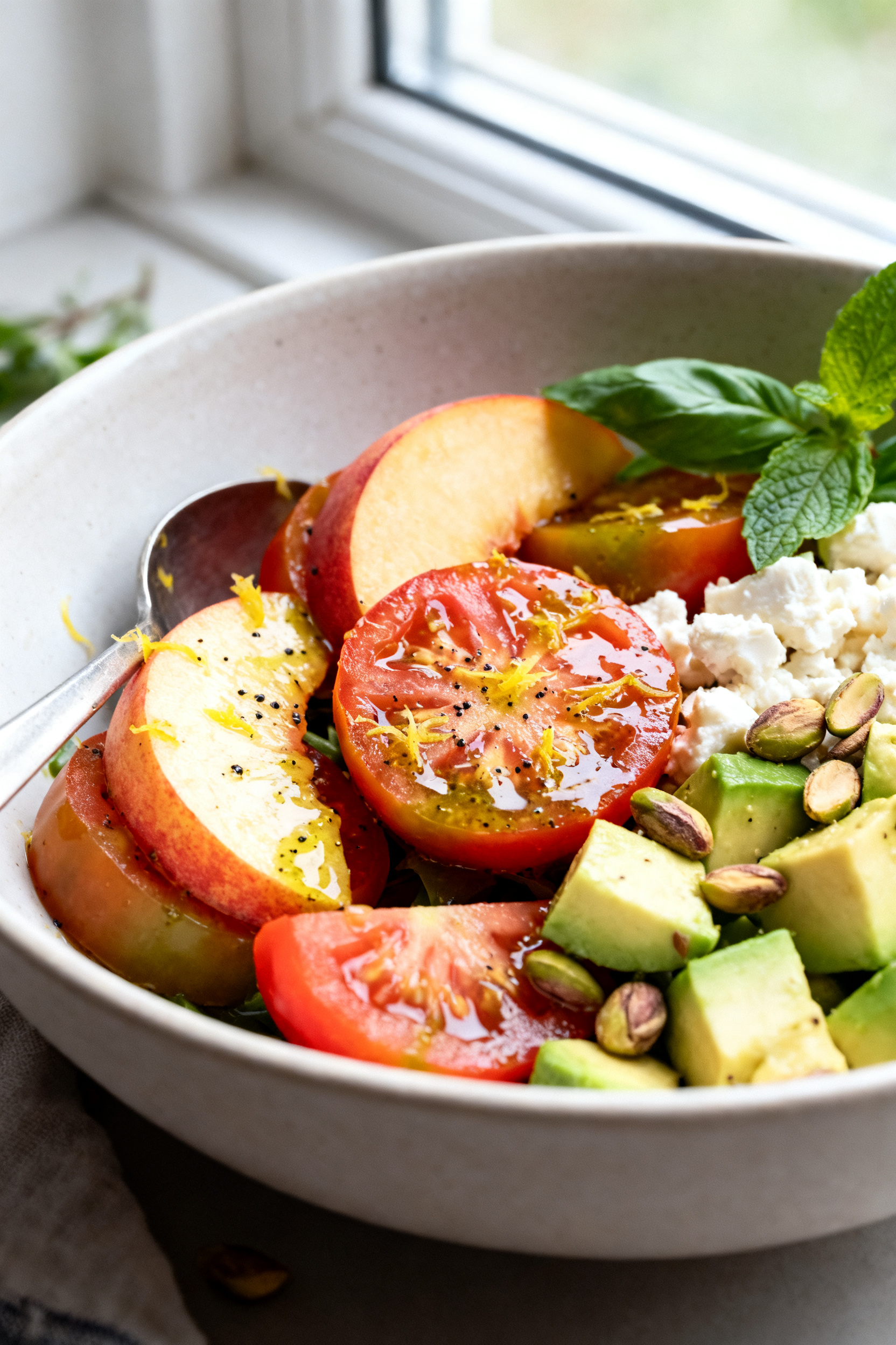 Summer Recipes — This Is Peak Summer Eating - Bright, Fresh, and Easy Close-up detail: Spoon-tossed summer salad showing glossy lemon-garlic dressing clinging to juicy he