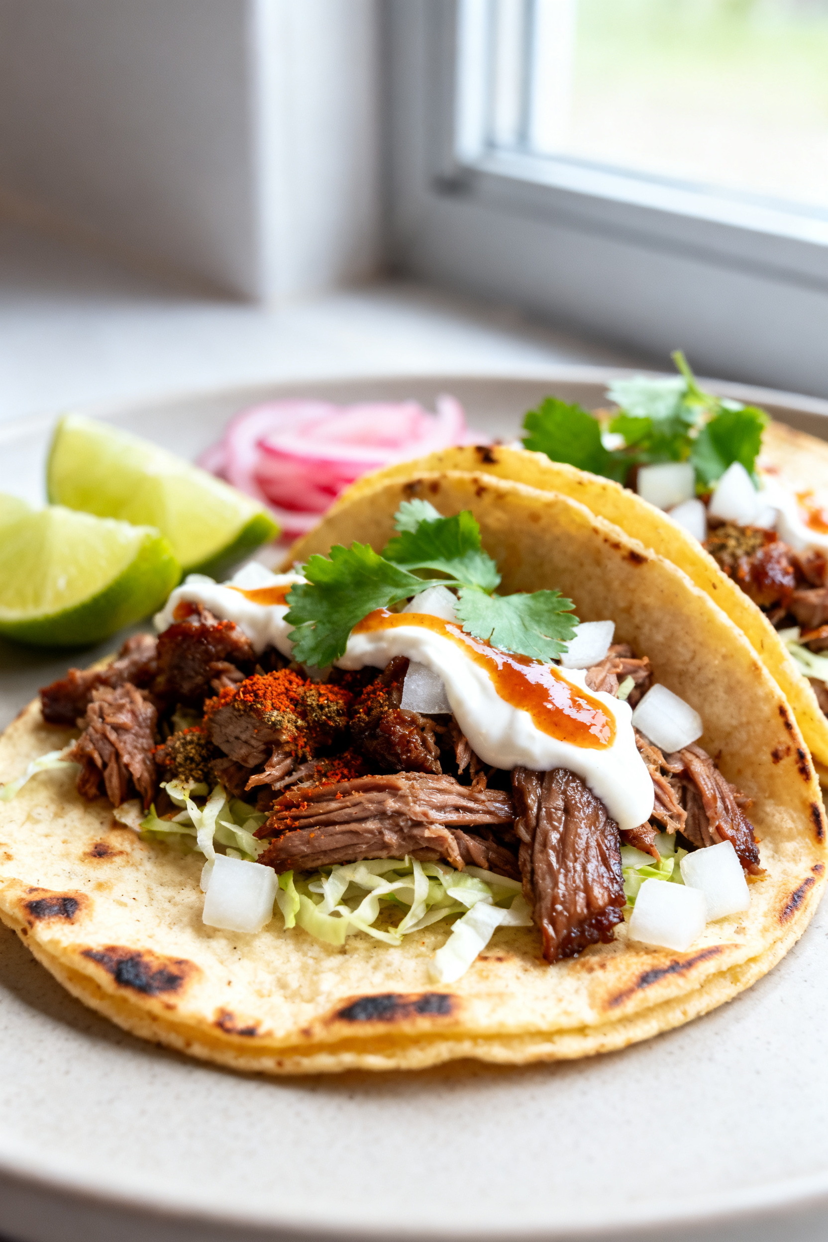 Close-up detail: Street-style smoked meat tacos just after assembly, showing juicy chopped brisket t