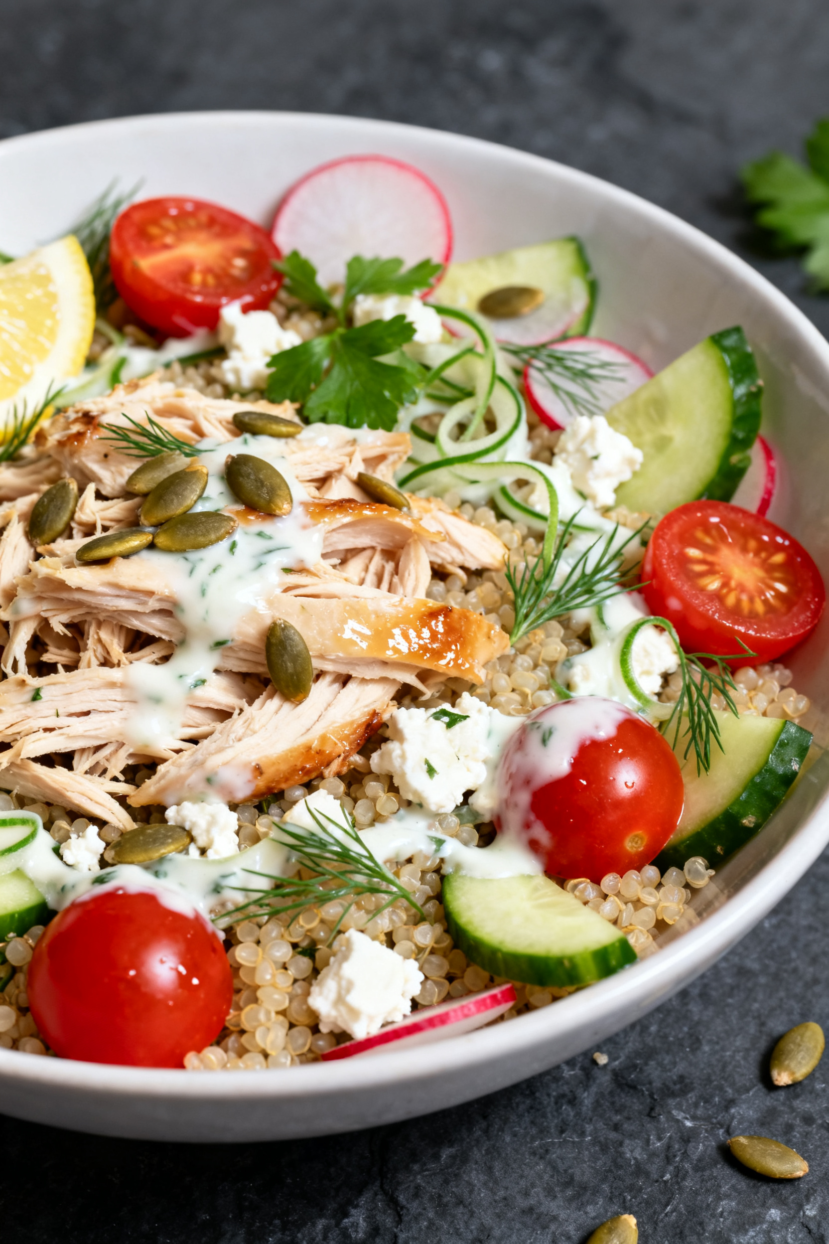 Close-up detail — texture and crunch: Extreme close-up of a chilled Herby Lemon Chicken Bowl showi
