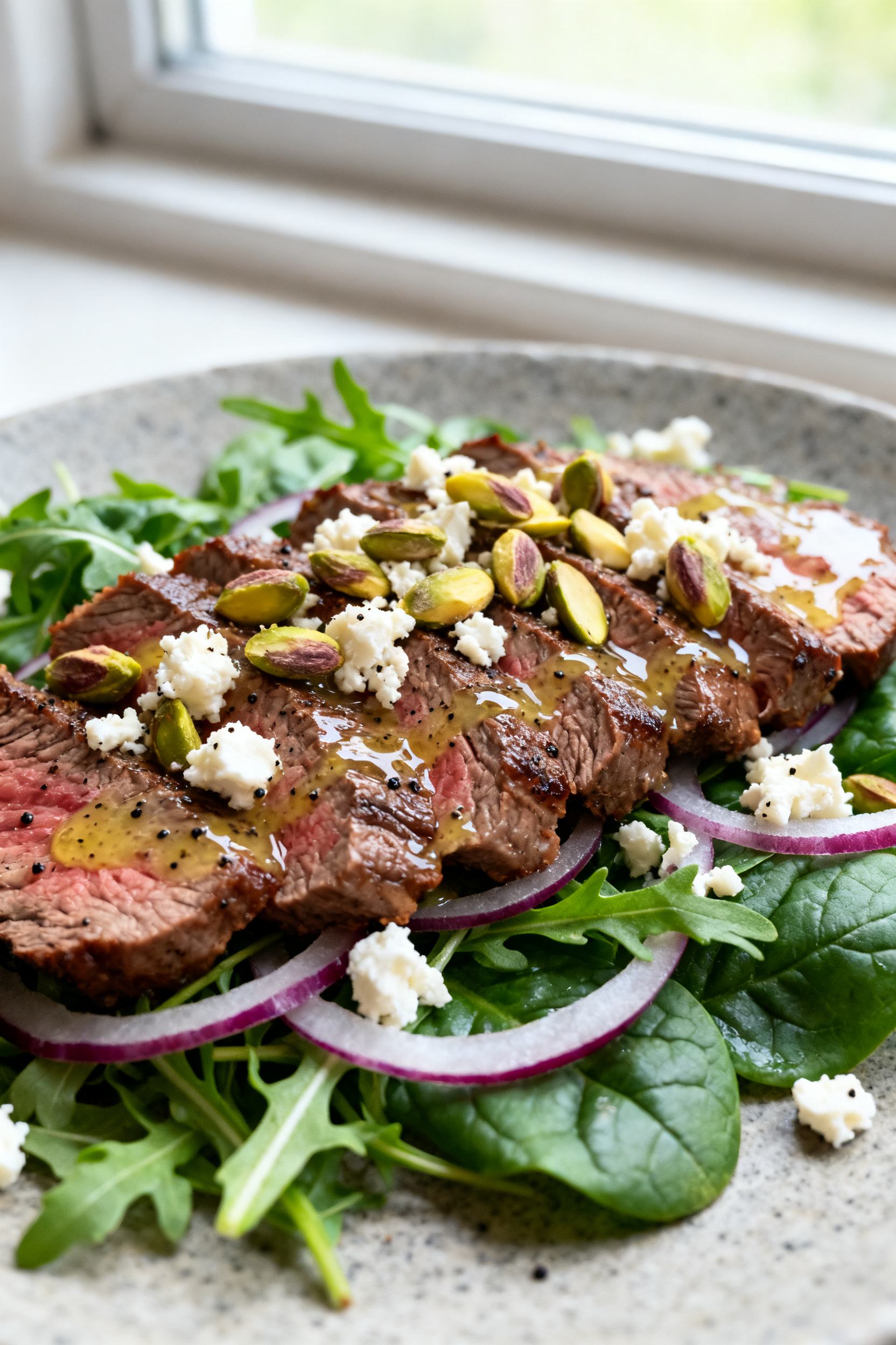 Summer Lunch Ideas — Leftover Steak Best 10 Minute Lunch - Easy, Fresh, and Full of Flavor Close-up detail: Thinly sliced leftover steak, glistening with a light lemon-garlic-Dijon vinaigrett