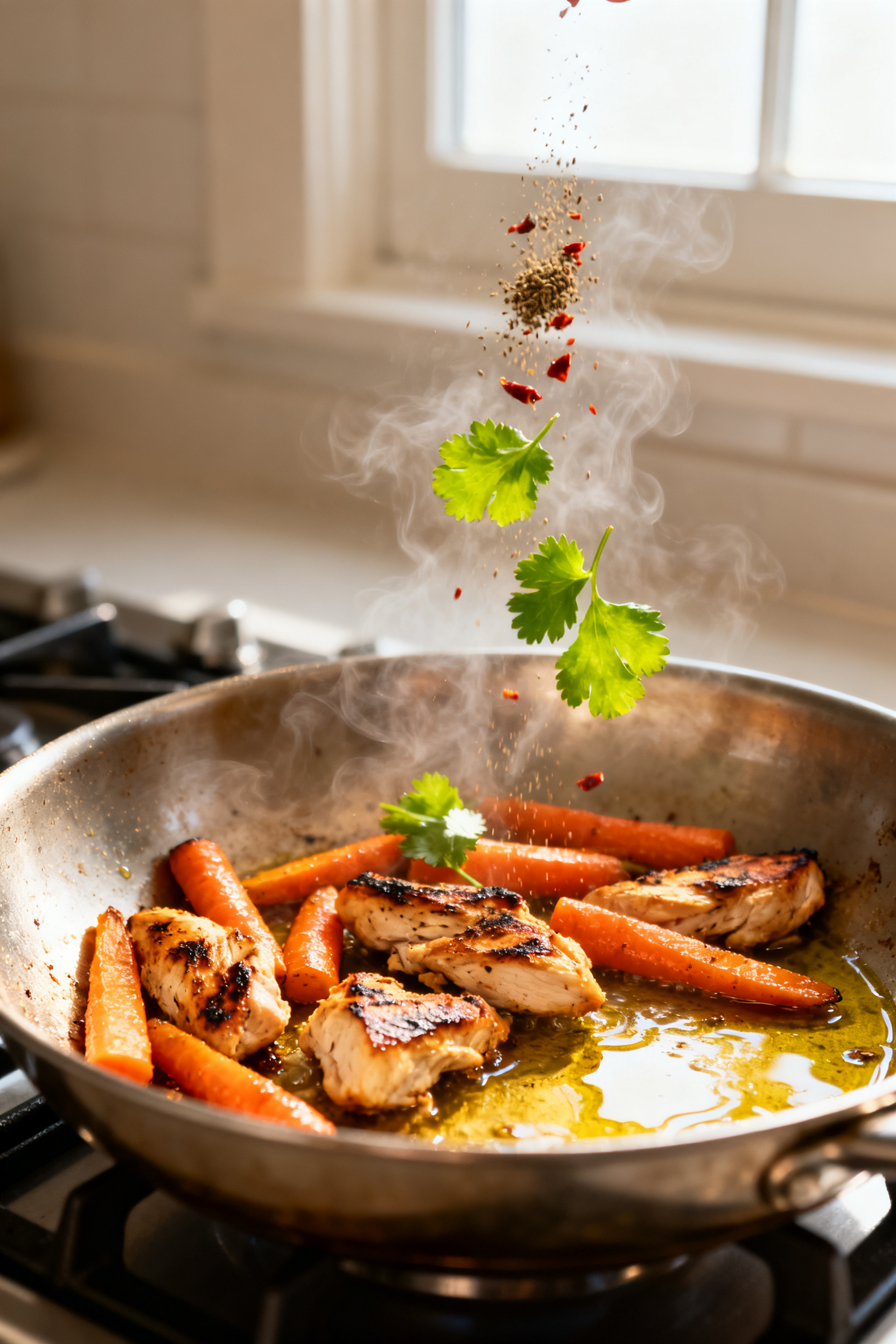 Close-up detail: Warm skillet toss of leftover grilled chicken and roasted carrots being refreshed i