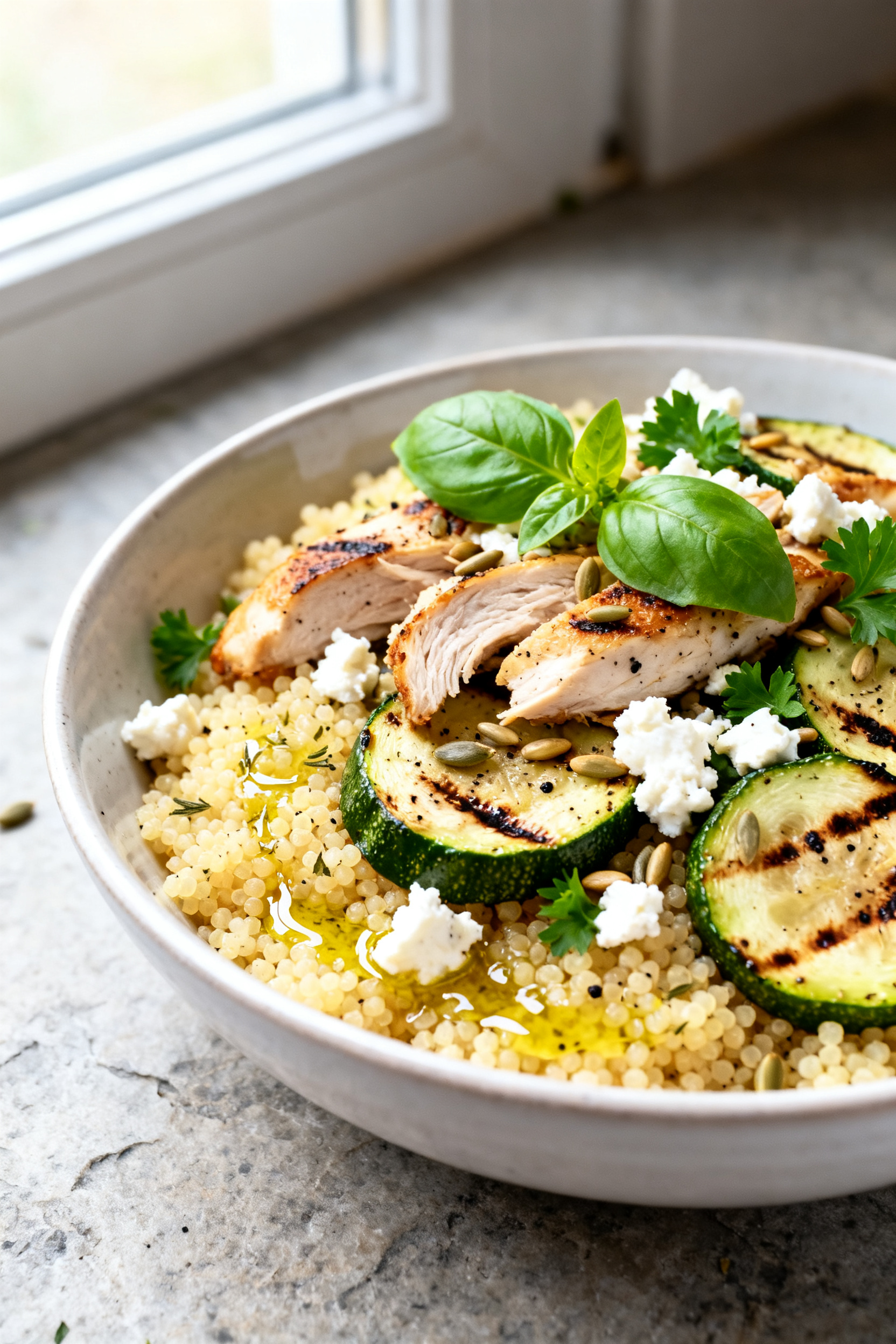 Close-up detail: Warmed leftover chicken and grilled zucchini tossed into a couscous grain bowl, glo