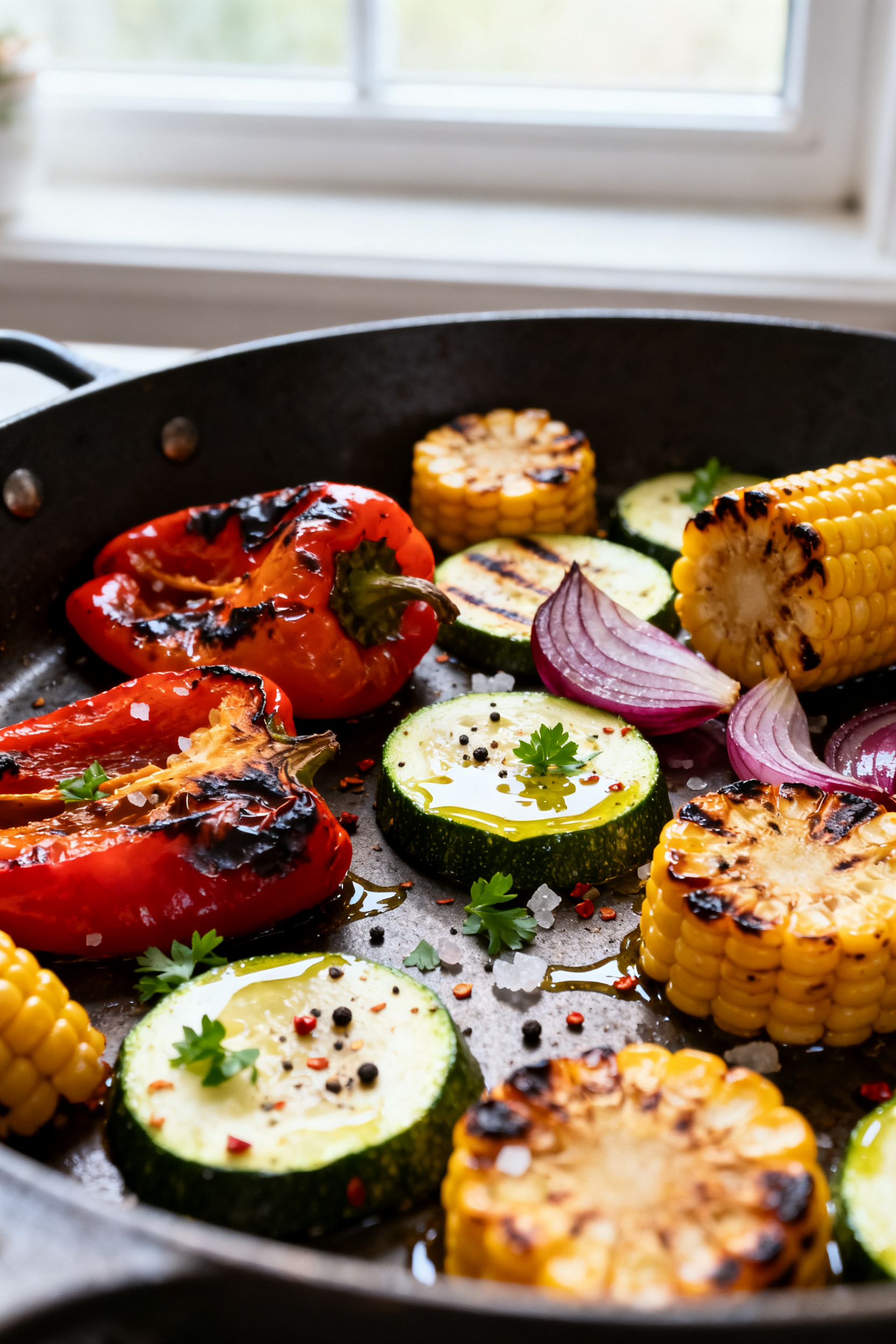 Close-up detail: Warmed leftover grilled vegetables on a sheet pan just out of the oven—smoky bell