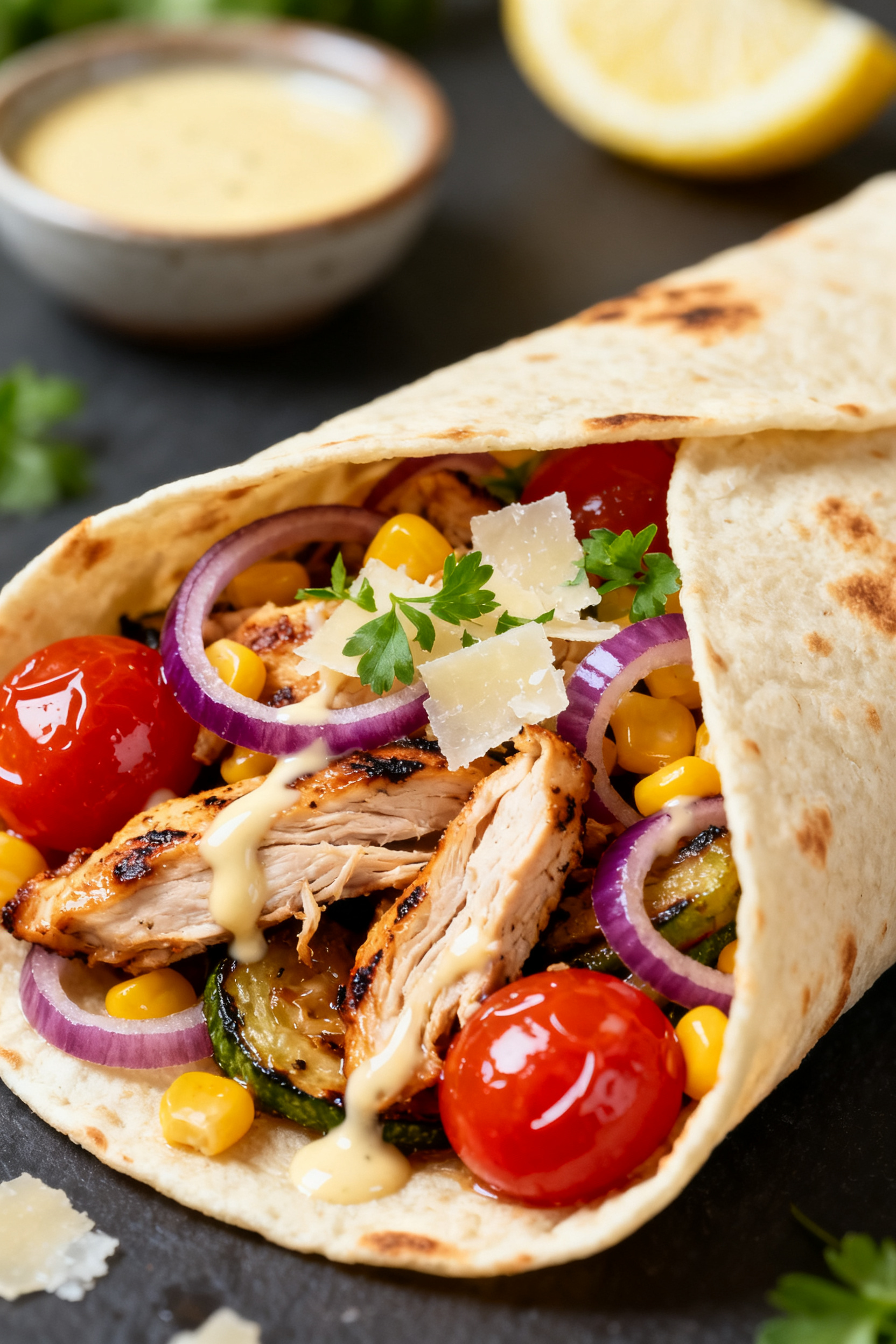 Close-up detail — Wrap format with glossy finish: Tight shot of a warm flour tortilla folded open 