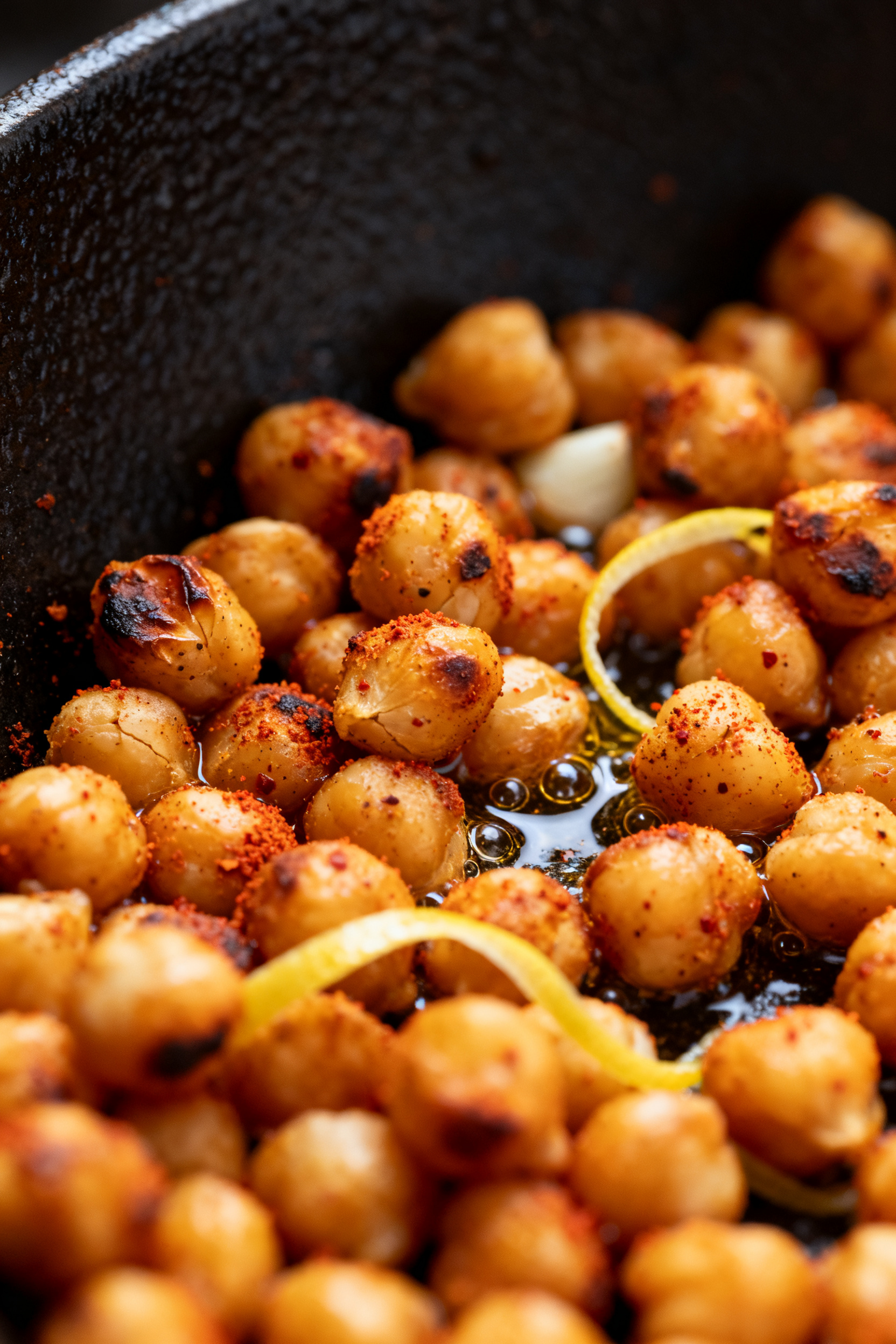 Close-up detail: Zesty Chickpea Crunch fresh from the skillet, tight macro shot of chickpeas with bl