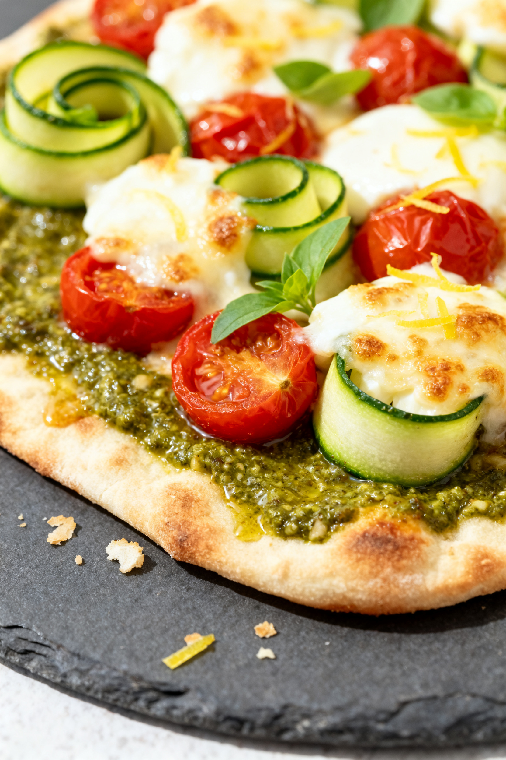 Close-up detail: Zucchini ribbon flatbread just out of the oven—naan base spread with glossy pesto