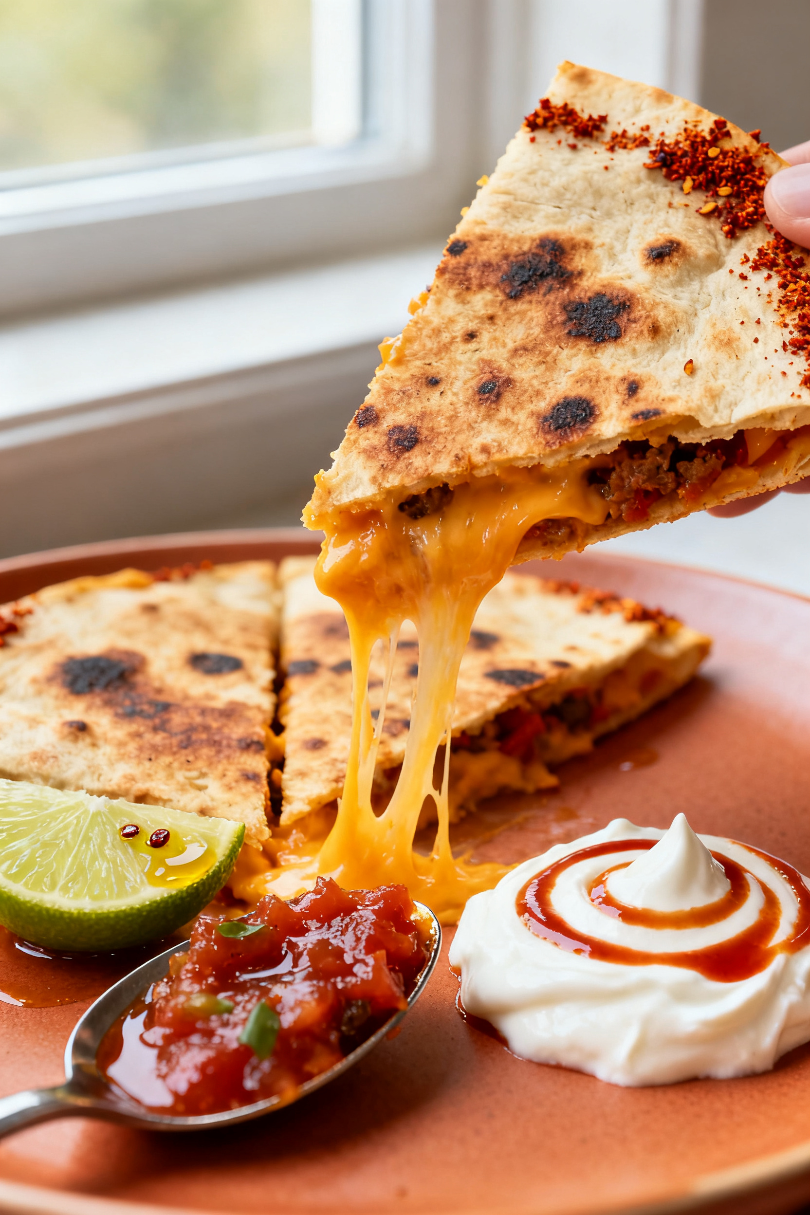 Close-up final dish — Tex-Mex Skillet Quesadilla: Macro detail of a sliced chicken-and-roasted-pep