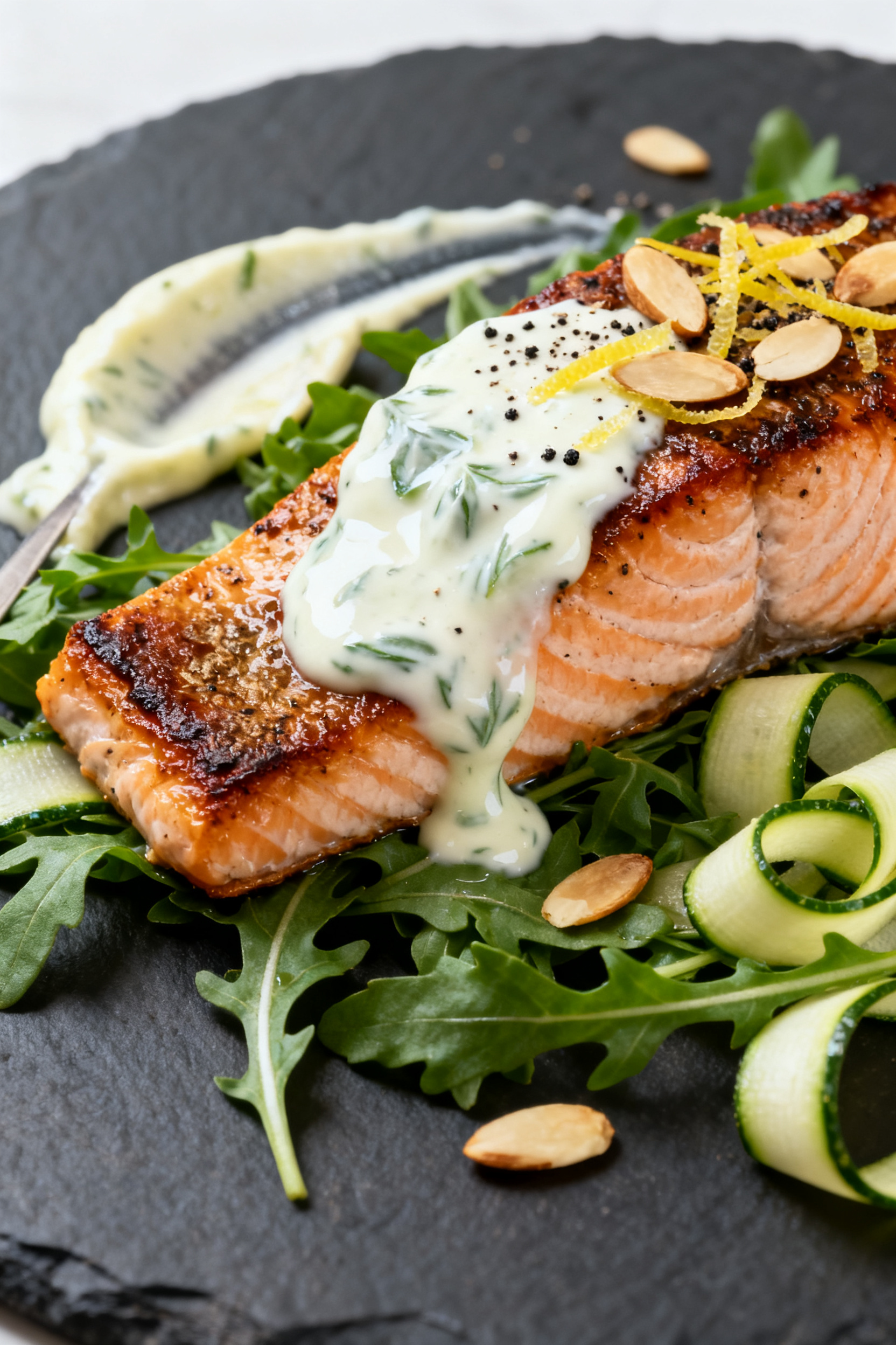 Close-up final plate — Herby salmon and greens: Tight macro of pan-seared salmon fillet with bronz