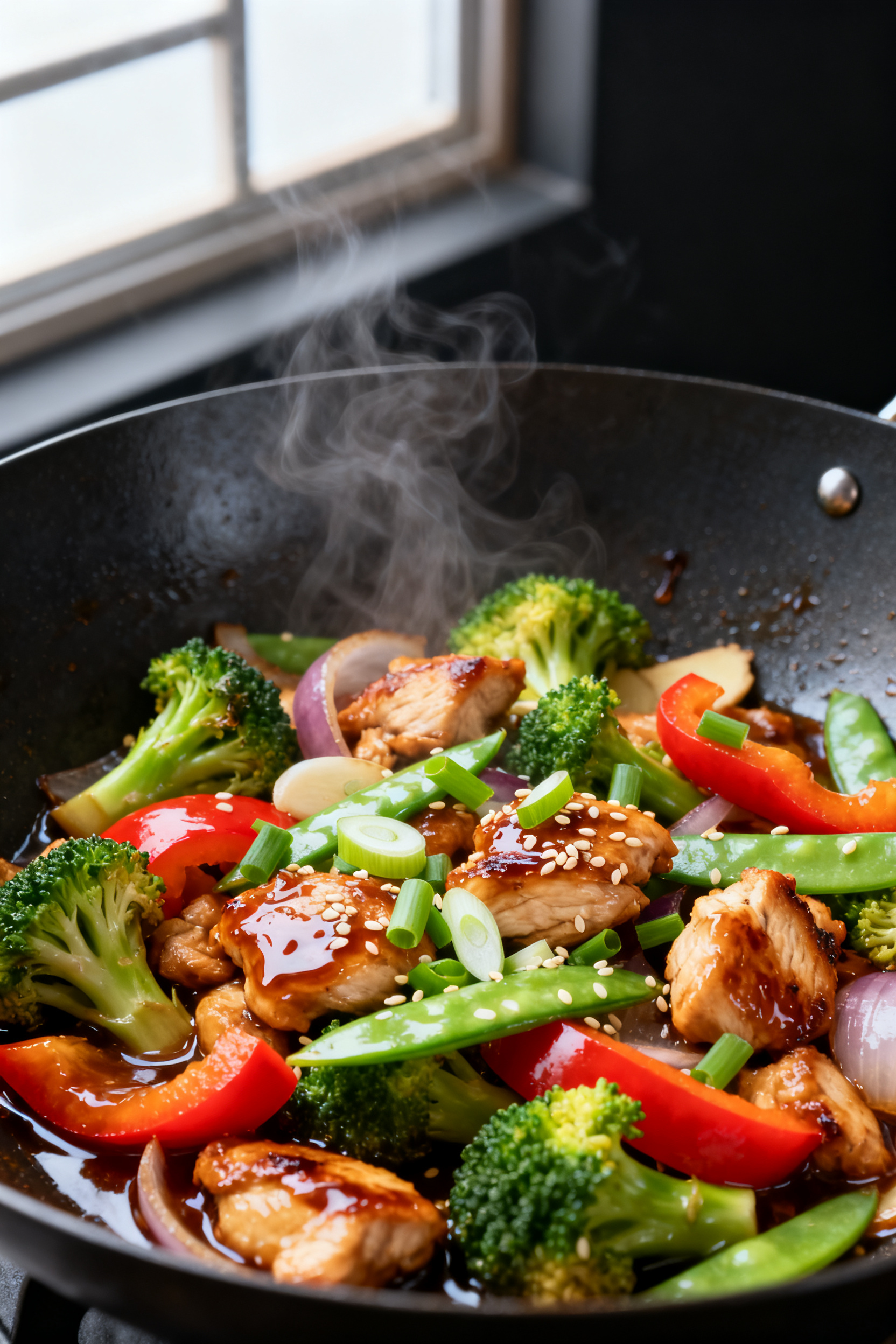 Close-up stir-fry action: bite-sized cooked leftover chicken tossed with vibrant bell peppers, brocc