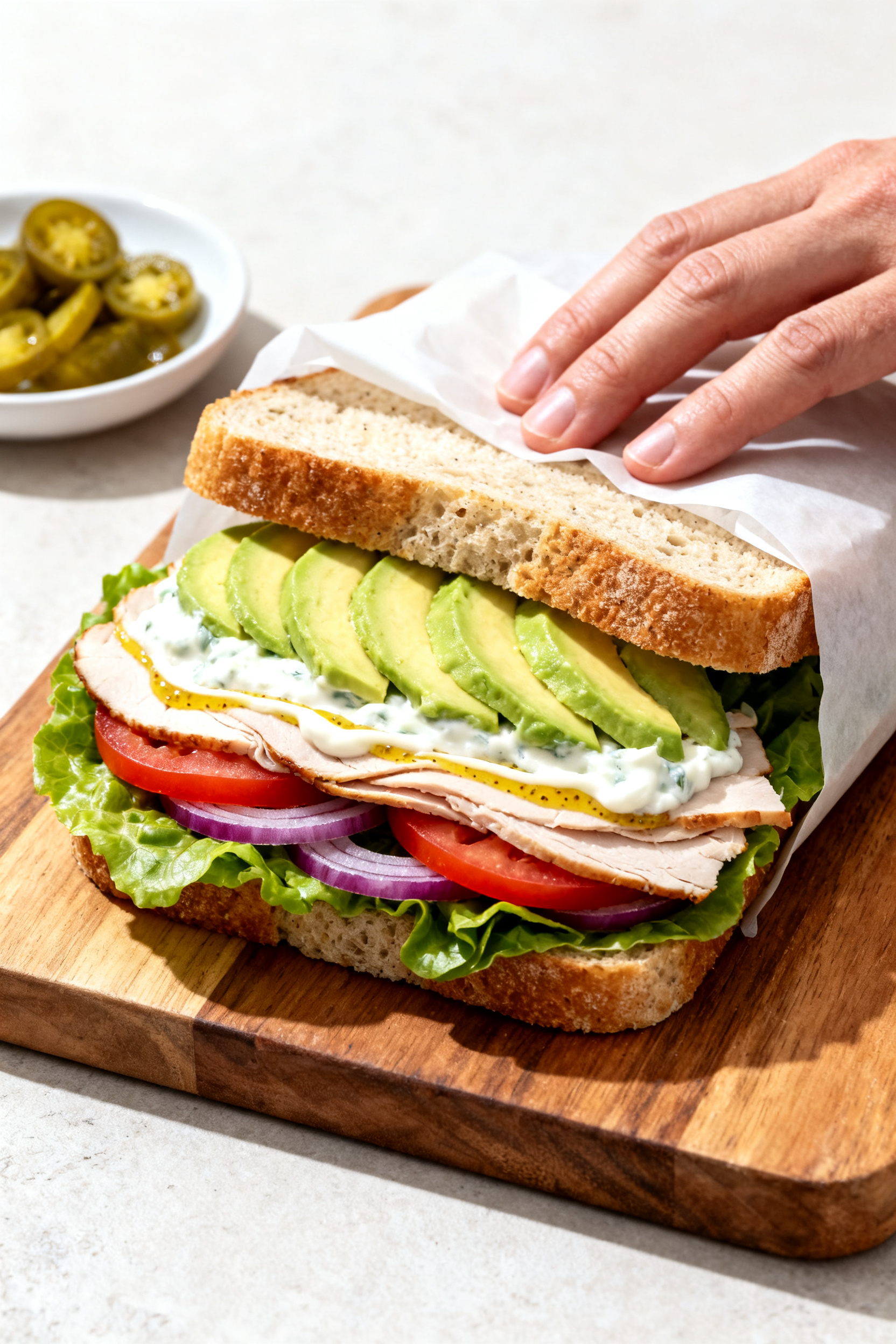 Cooking process: A California Turkey Club (Light) being layered on lightly toasted sourdough—leafy