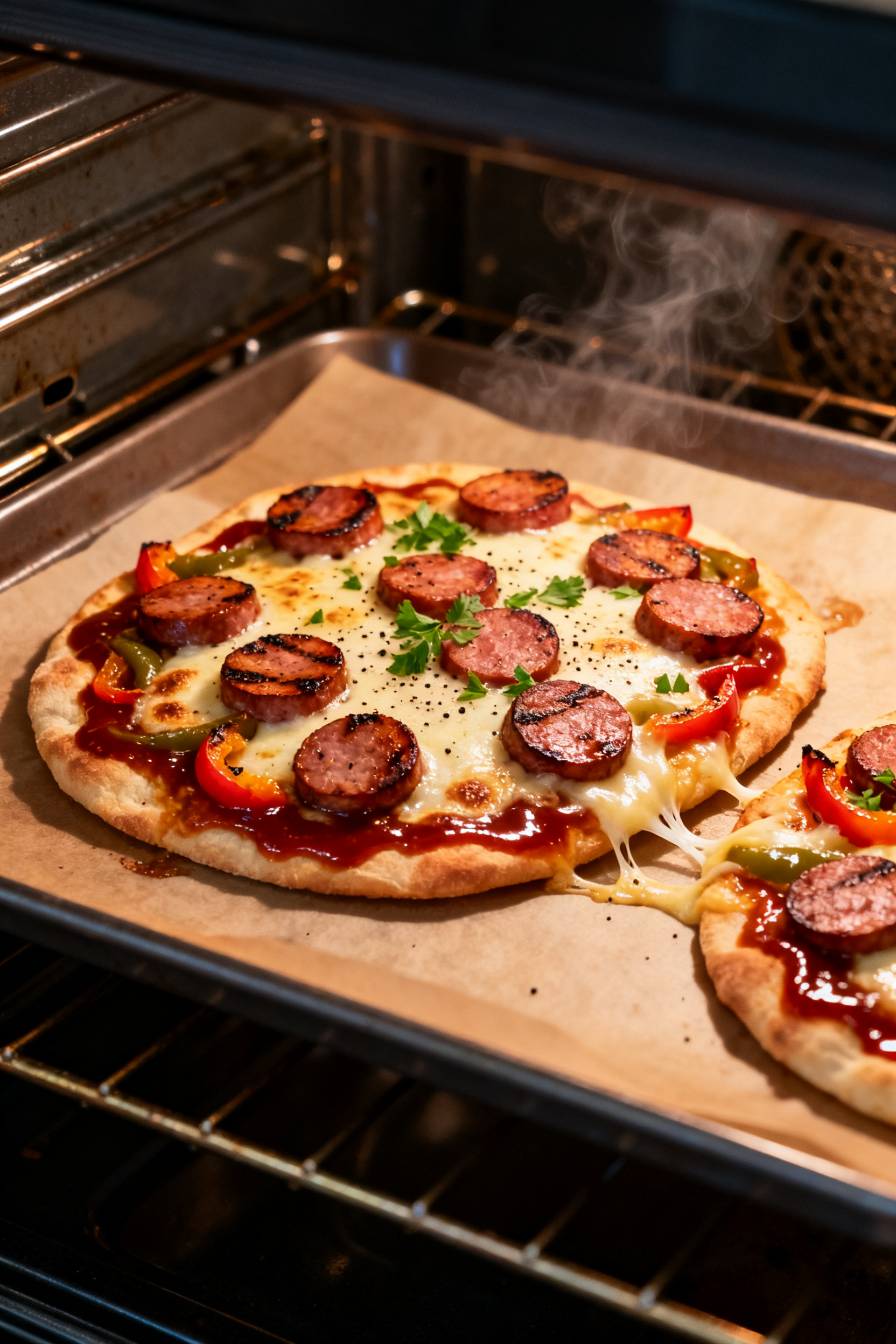 Cooking process: BBQ Sausage and Pepper Flatbreads in the oven at peak melt, angle from the open ove