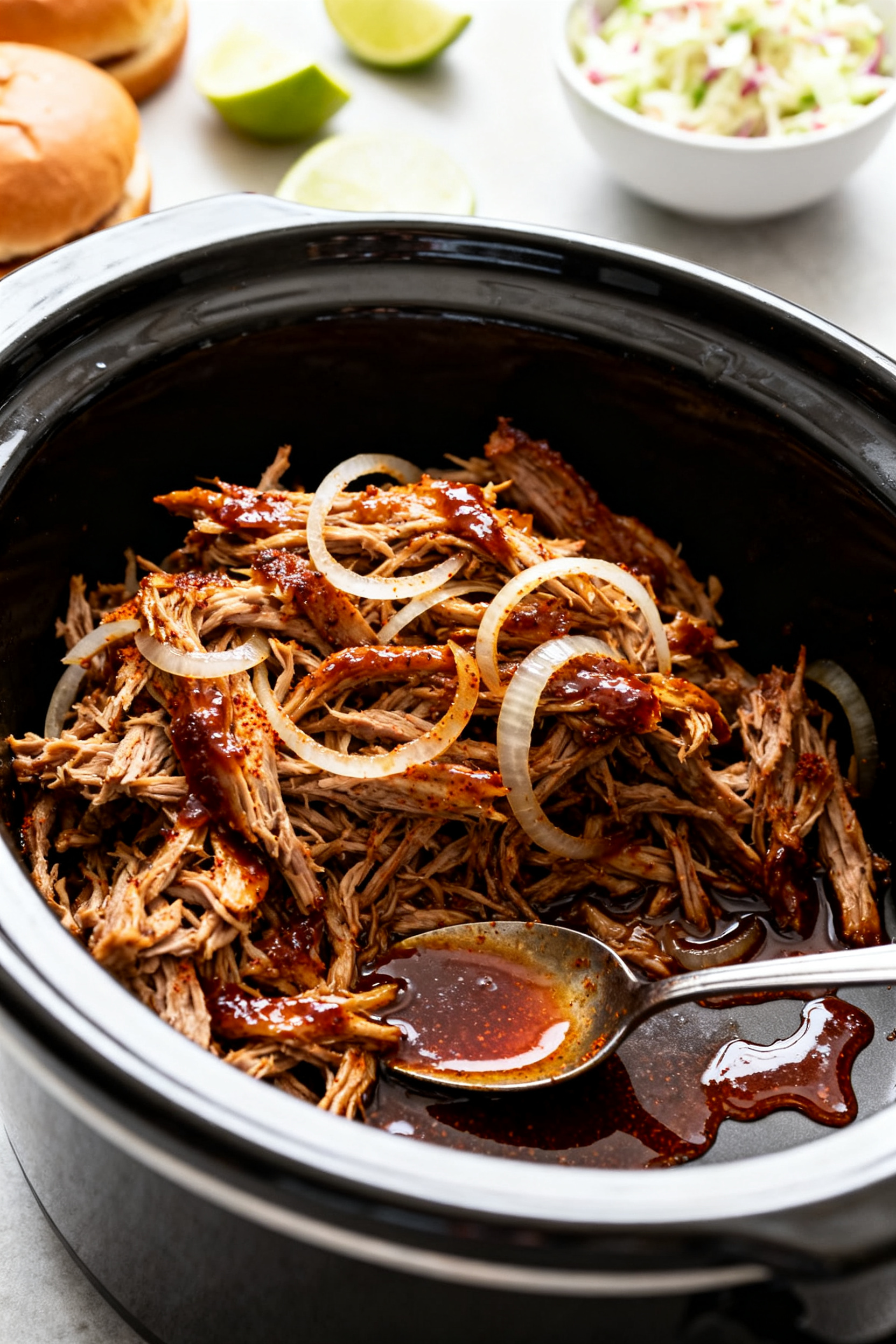 Cooking process beauty shot: Summer pulled pork (sweet heat) after shredding, piled in a crockpot wi