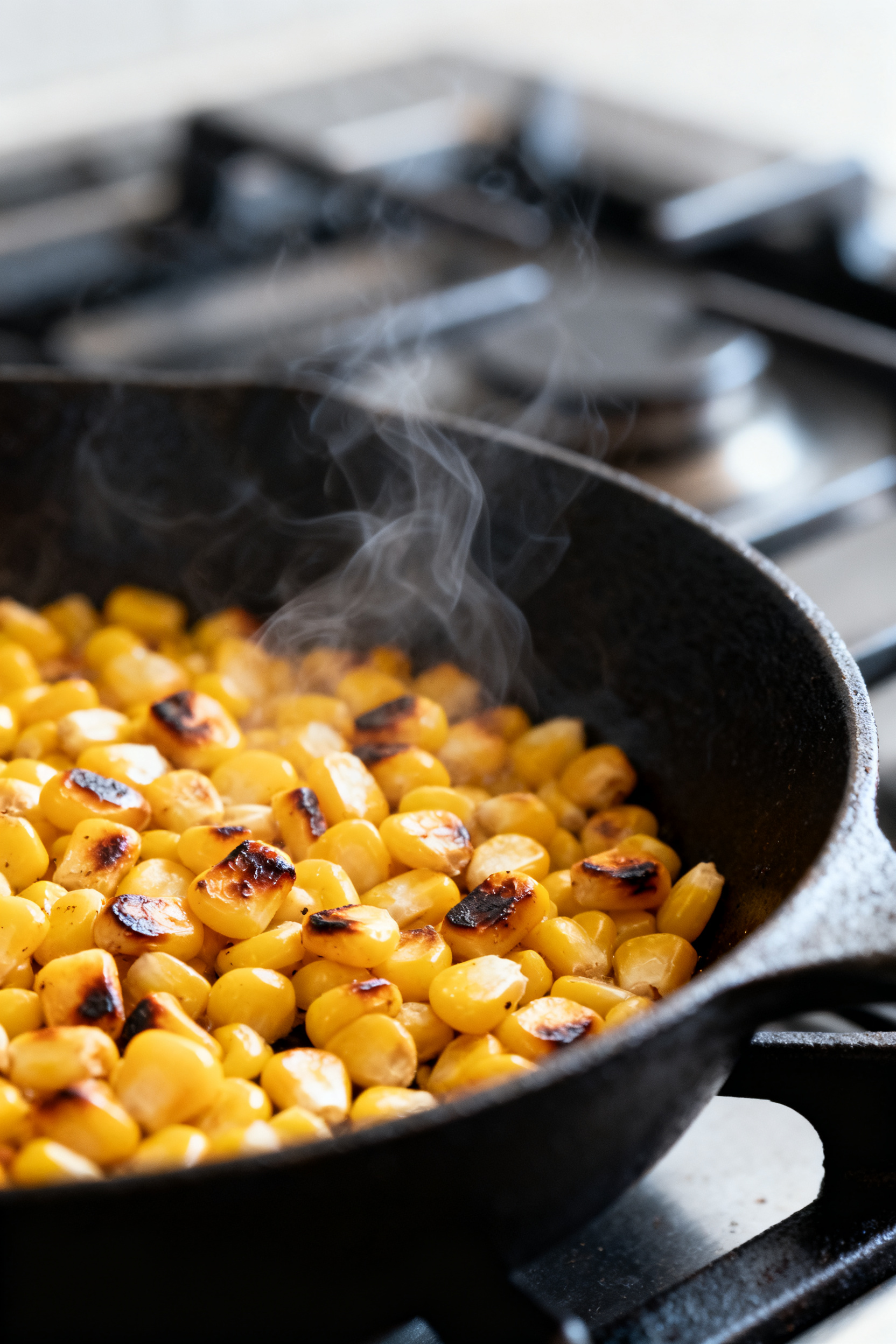 Cooking process — charred corn: Close-up of golden, lightly charred corn kernels sizzling in a dry