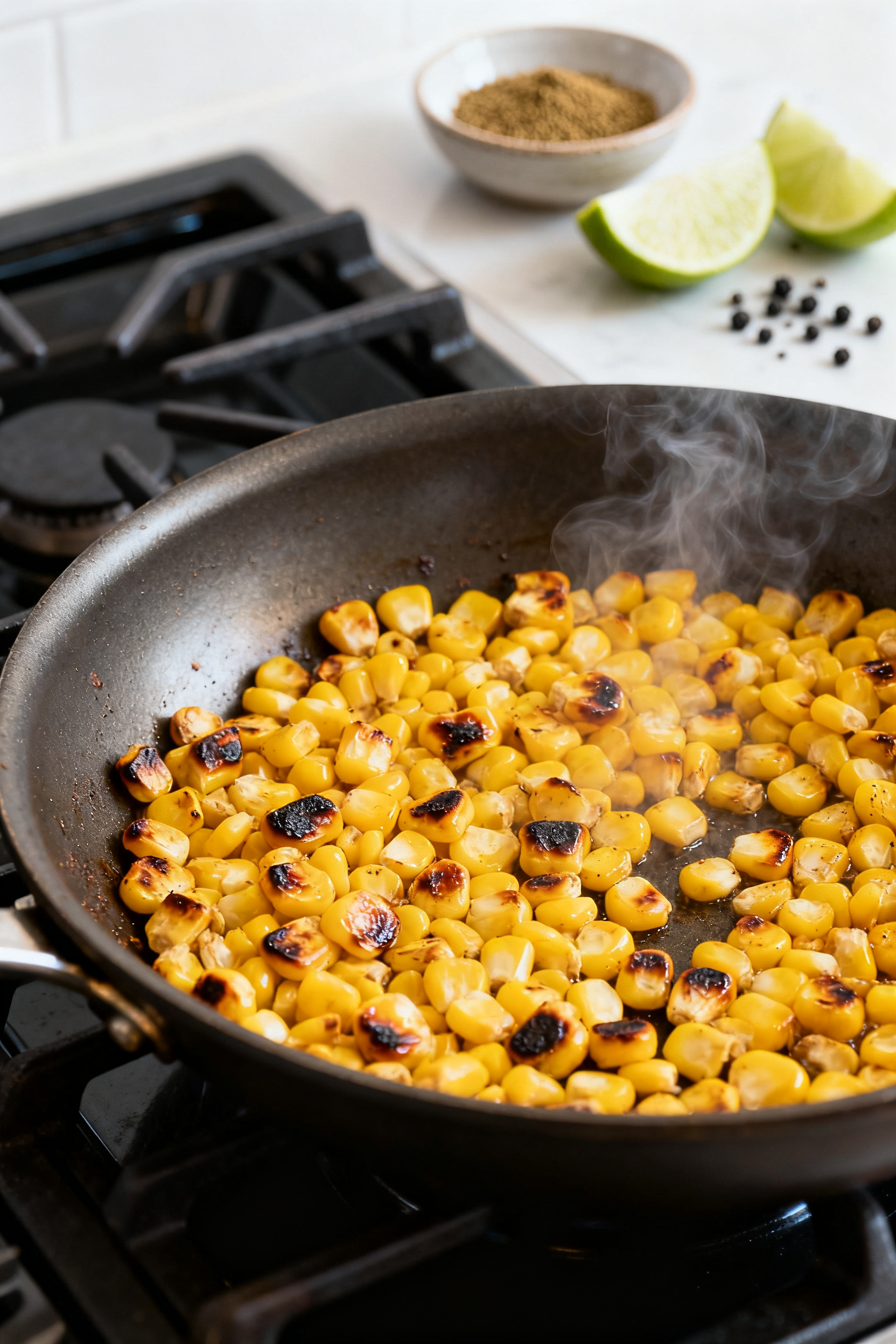 Summer Potluck Recipes — The Potluck Winner Every Time Cooking process: Charred corn kernels sizzling in a dry skillet, lightly caramelized edges and a few