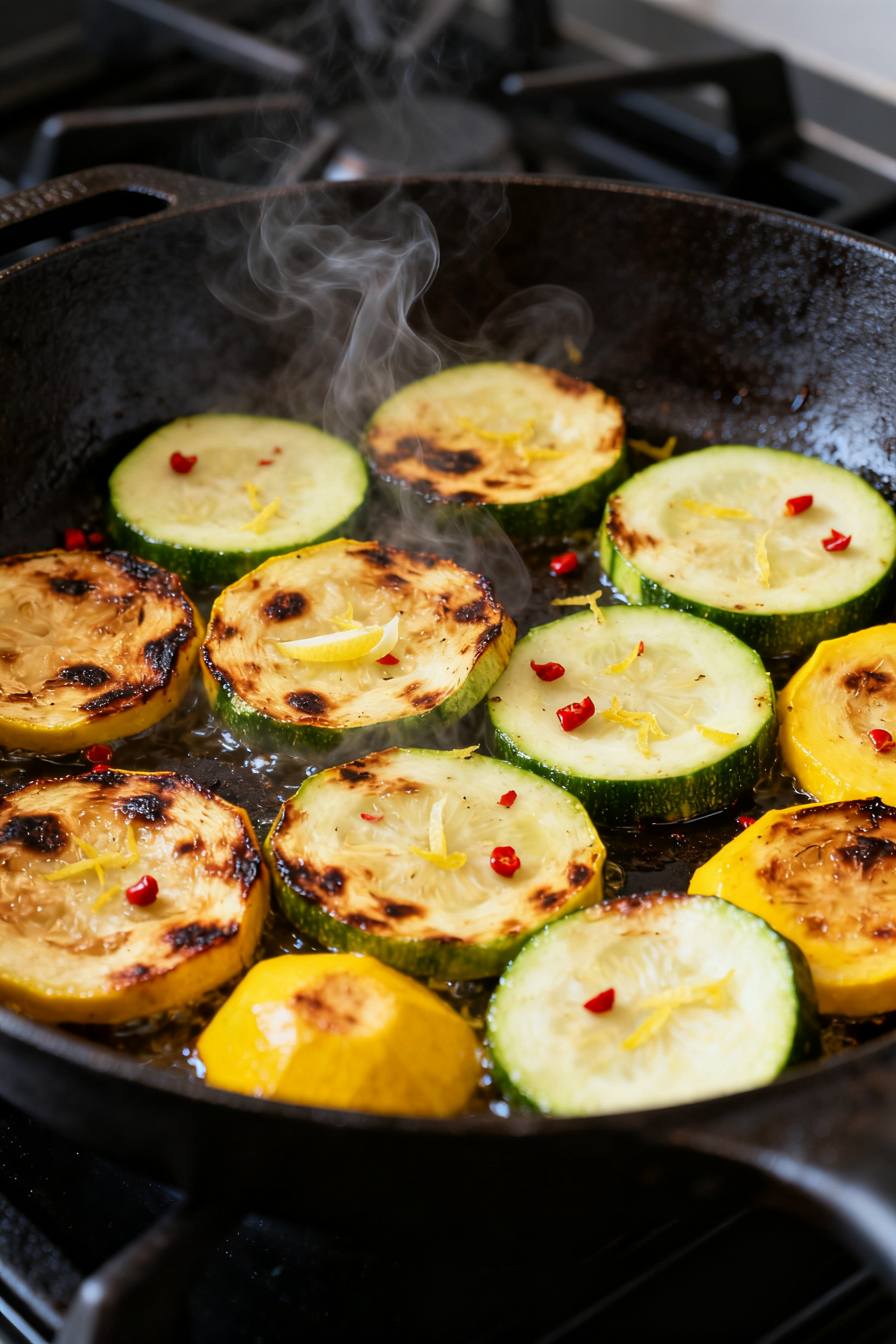 Cooking process — Charred summer squash in a cast-iron skillet: Close-up of thinly sliced zucchini