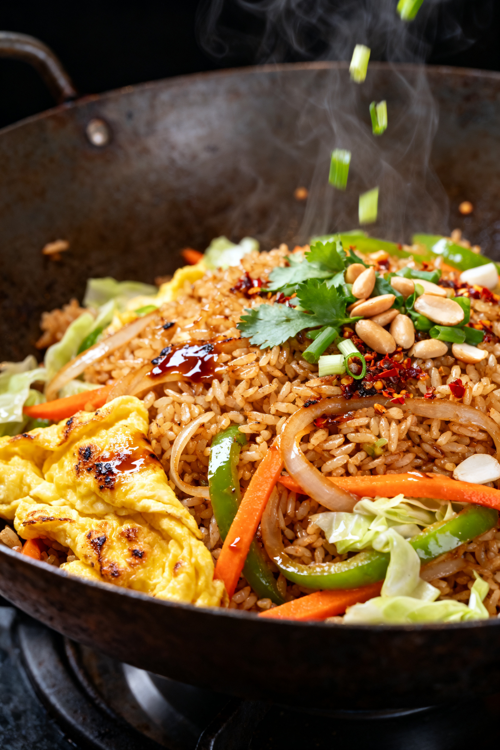 Cooking process — Chili-Lime Fried Rice: Close-up of sizzling fried rice in a well-seasoned wok, g