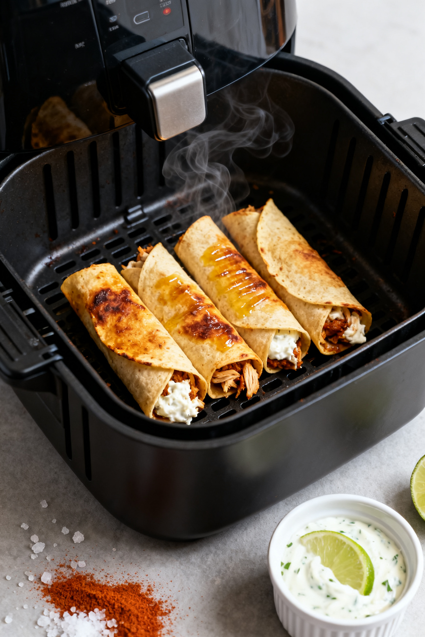 Cooking process: Chipotle Chicken Taquitos crisping in an air fryer basket—small corn tortillas ro