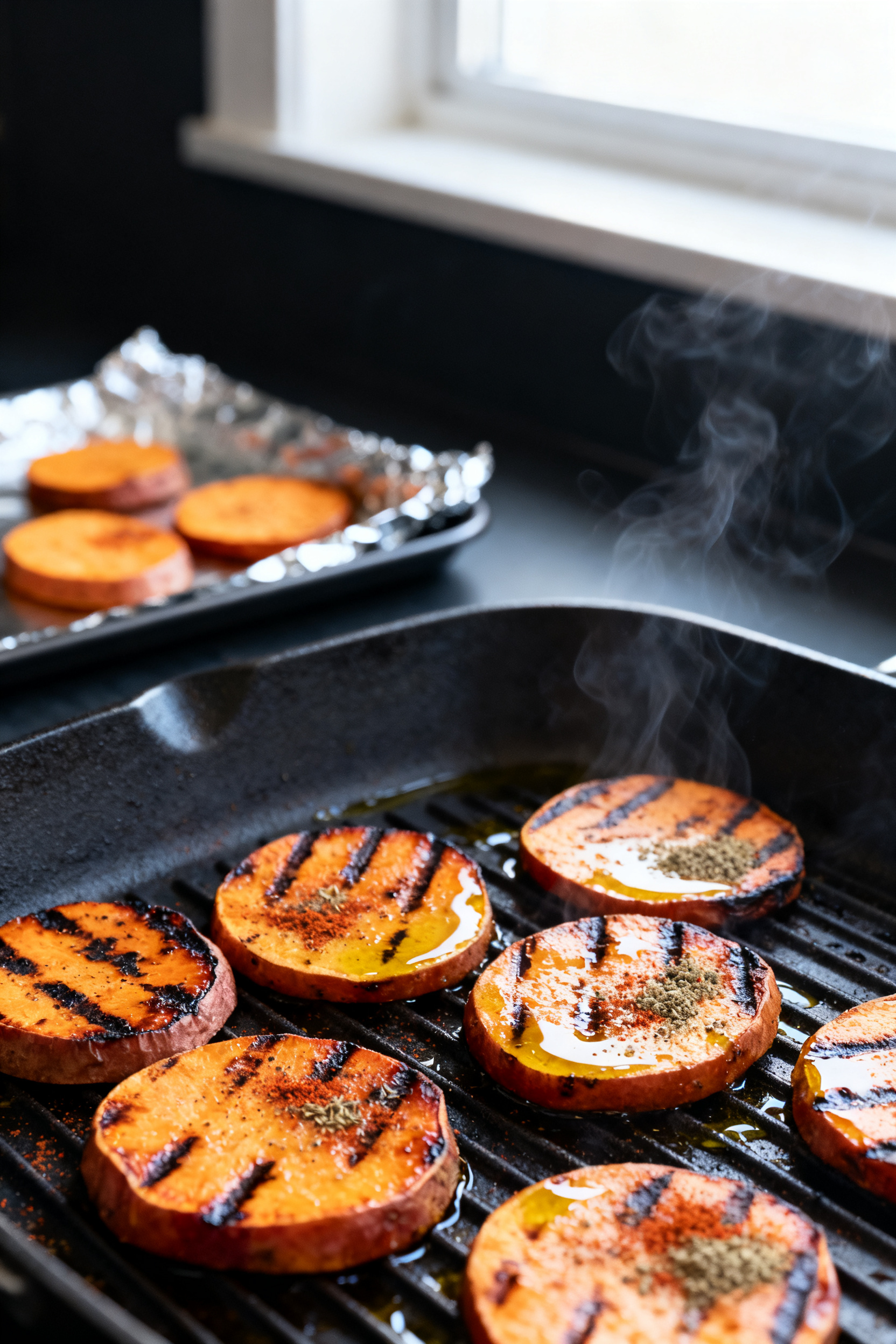 Grilled Sweet Potatoes Recipe — BBQ Breakfast Bowl Cooking process, close-up detail: Grilled sweet potato rounds sizzling on a hot grill pan with defin