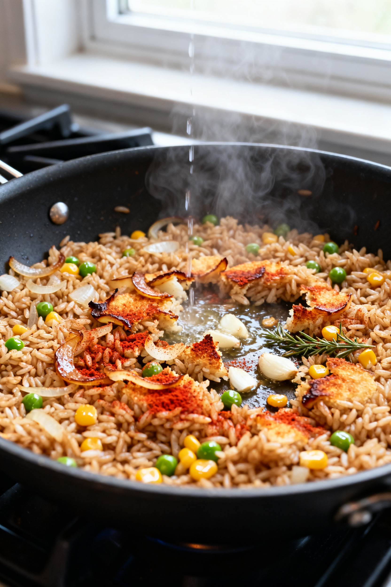 Cooking process, close-up detail: In a wide black skillet over medium heat, day-old brown rice toast