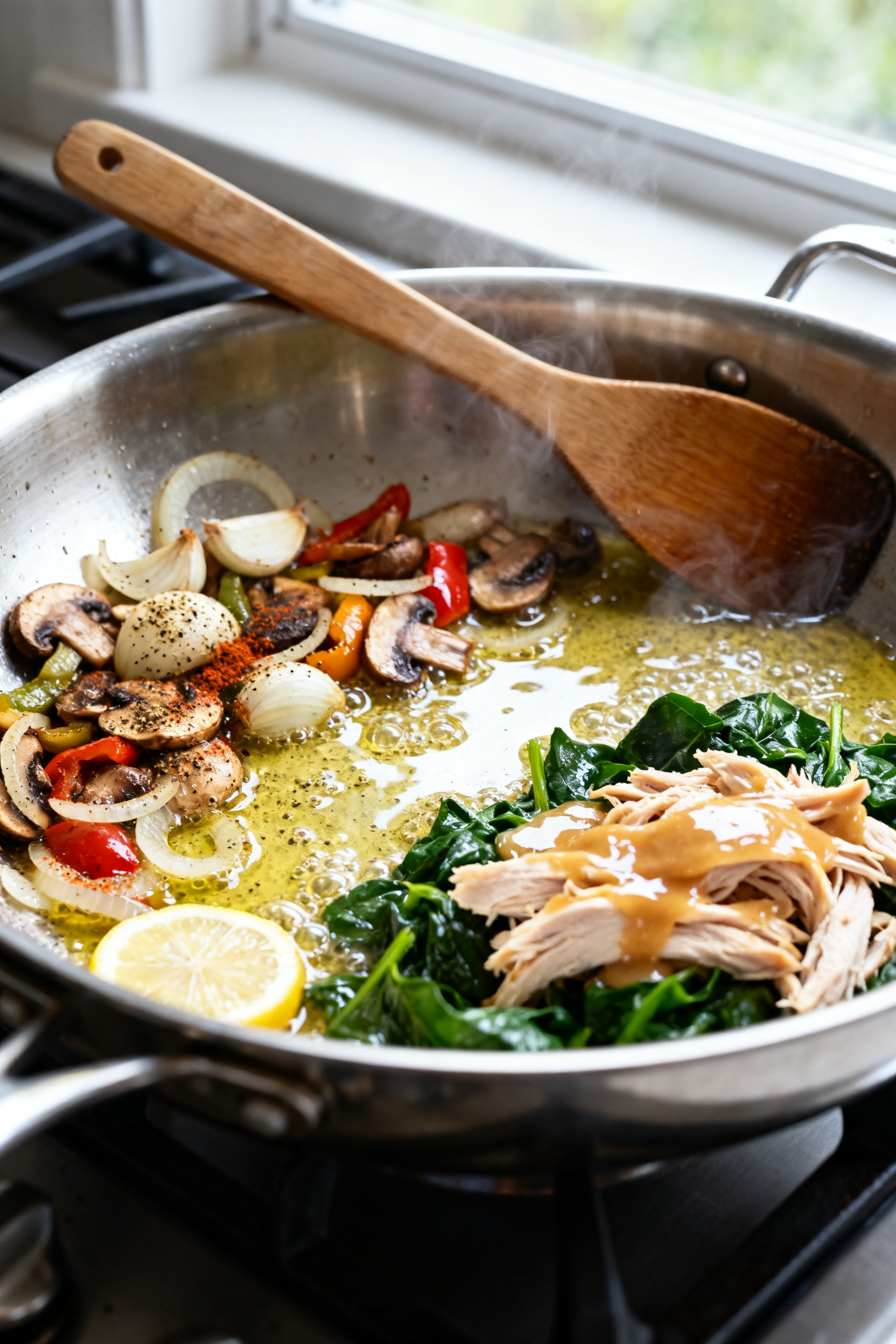Cooking process, close-up detail: Leftover chicken skillet coming together in a large stainless pan 