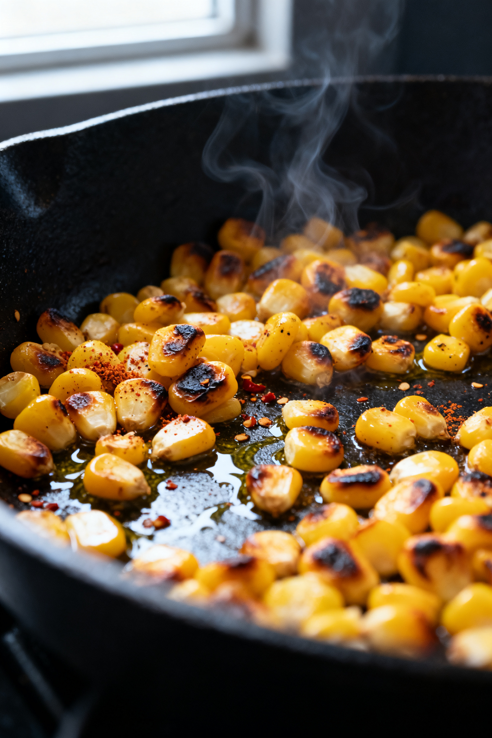 Cooking process, close-up detail: Sizzling charred corn kernels in a black cast-iron skillet, some k