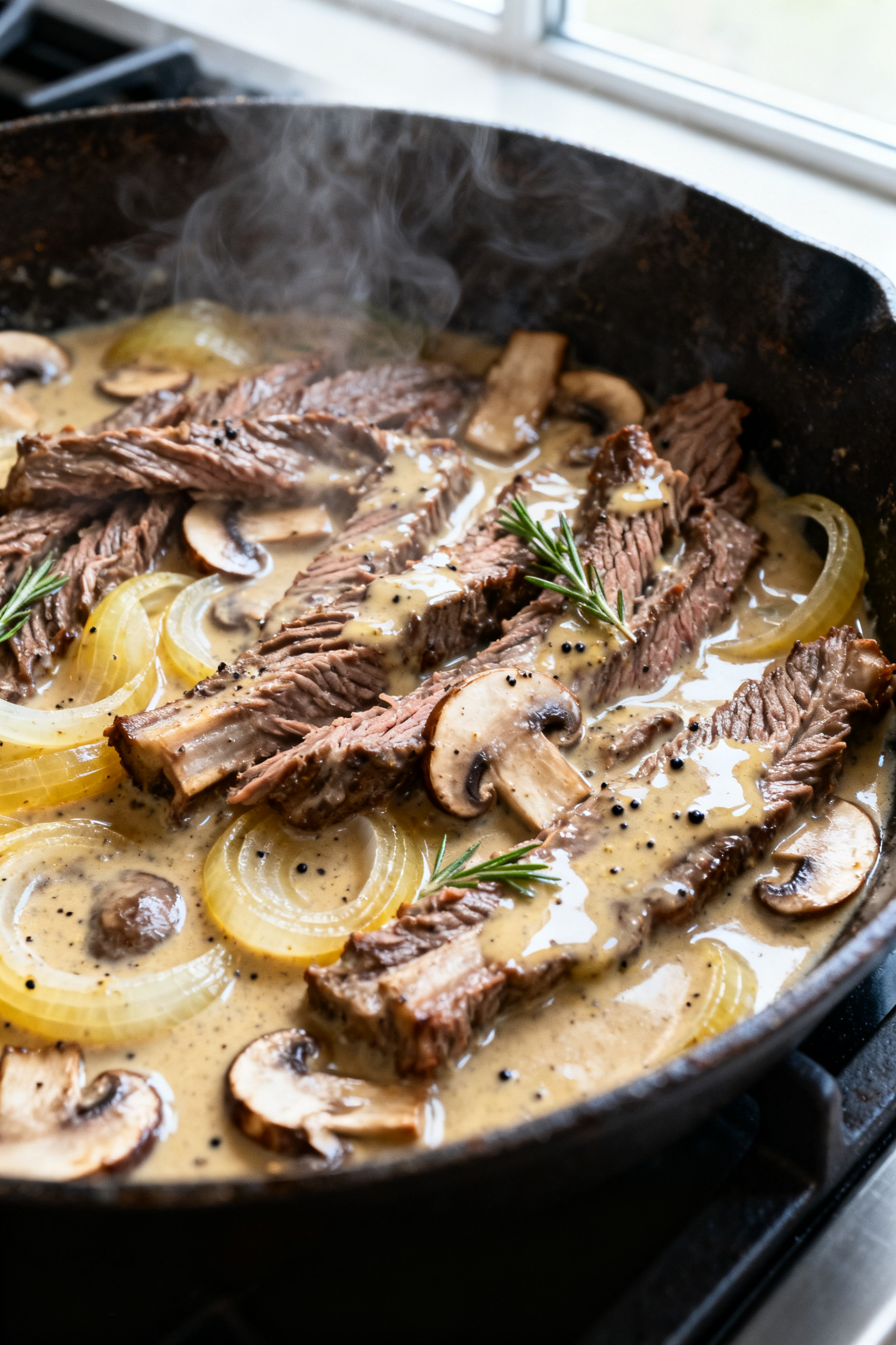 Empty Fridge. Full Dinner Table. → Leftover Roast Beef Recipes — Empty Fridge Full Table Cooking process, close-up detail: Sizzling skillet of leftover roast beef ribbons gently warming in