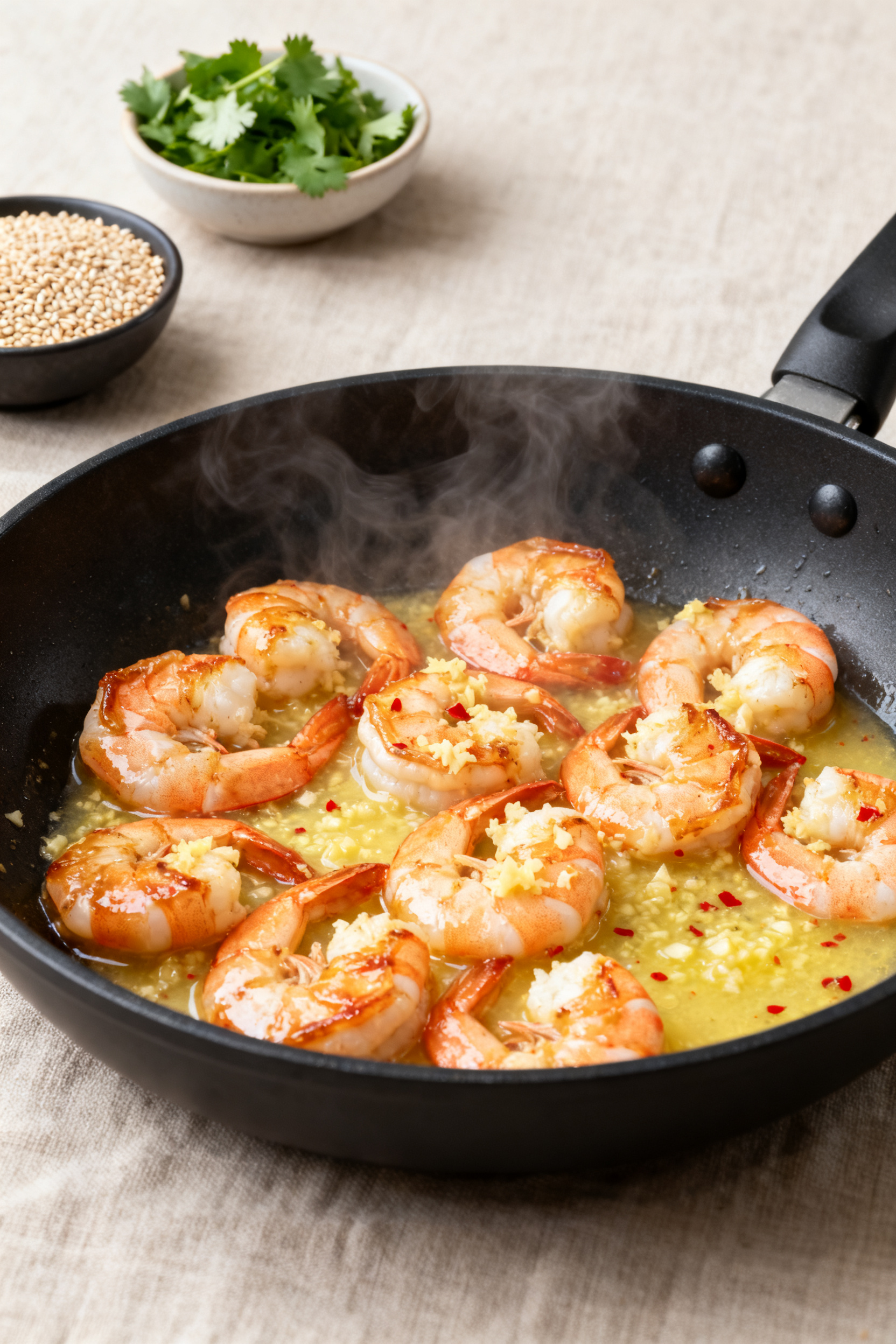 15 Minutes to the Best Shrimp Bowl → "Leftover Shrimp Recipes — Best Bowl in 15 Minutes" - Fast, Fresh, and Flavor-Packed Cooking process close-up: Gently reheated shrimp in a nonstick skillet over medium-low heat, glisten