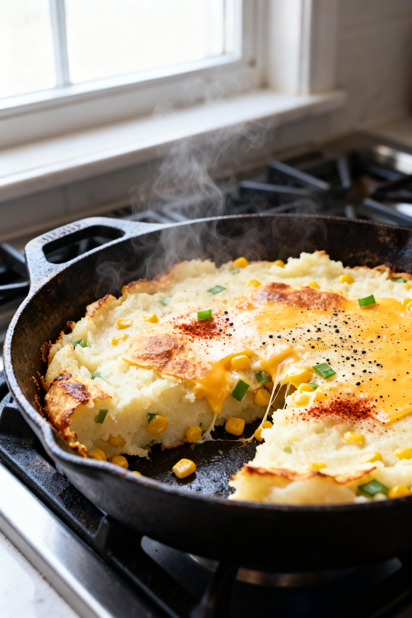 Cooking process close-up: Golden-brown crust forming on a thick mashed potato–corn skillet cake in