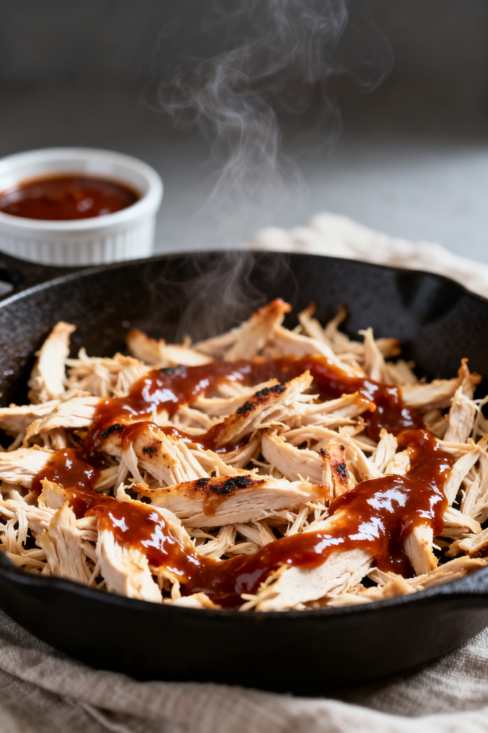 Cooking process close-up: Juicy shredded leftover chicken breast being tossed in glossy BBQ sauce in