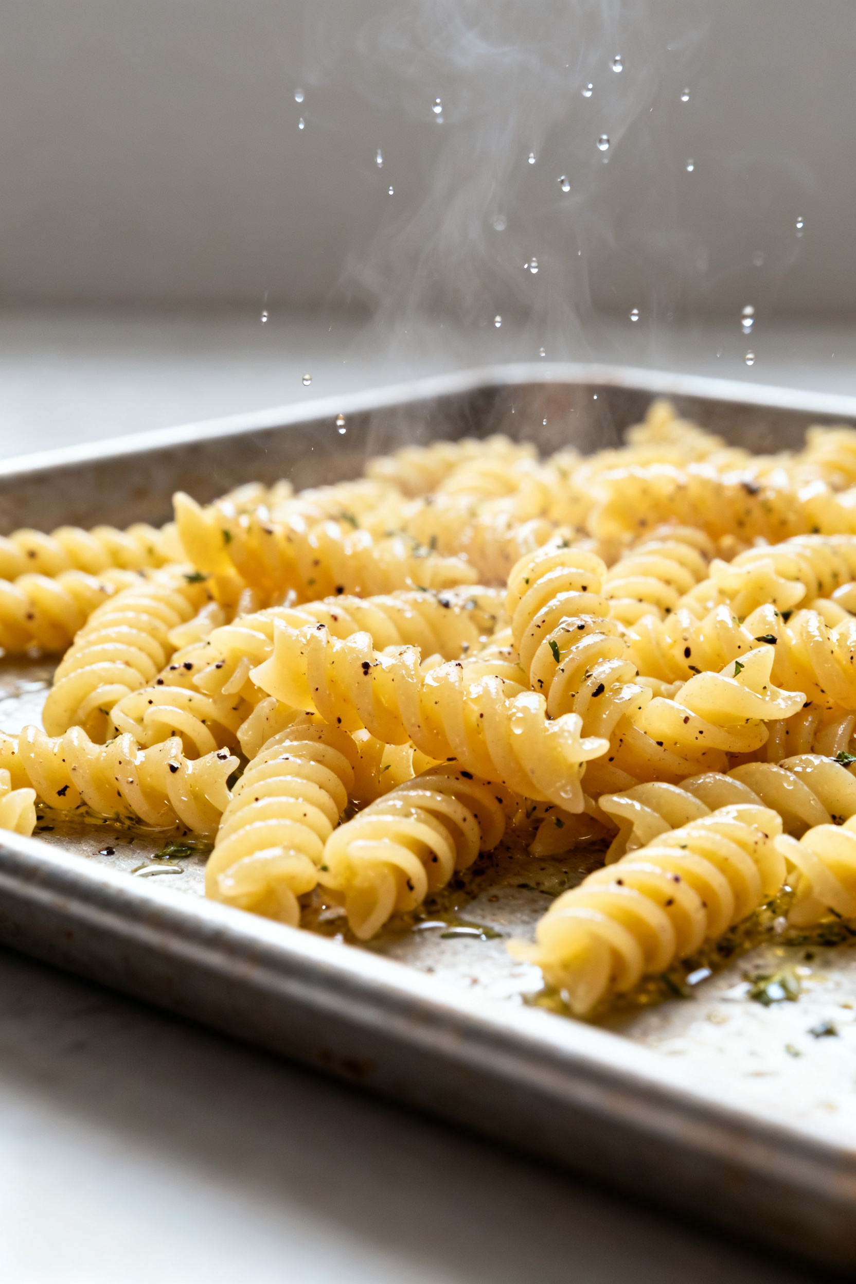 Cooking process close-up: Just-drained al dente rotini spread on a rimmed baking sheet, glistening f