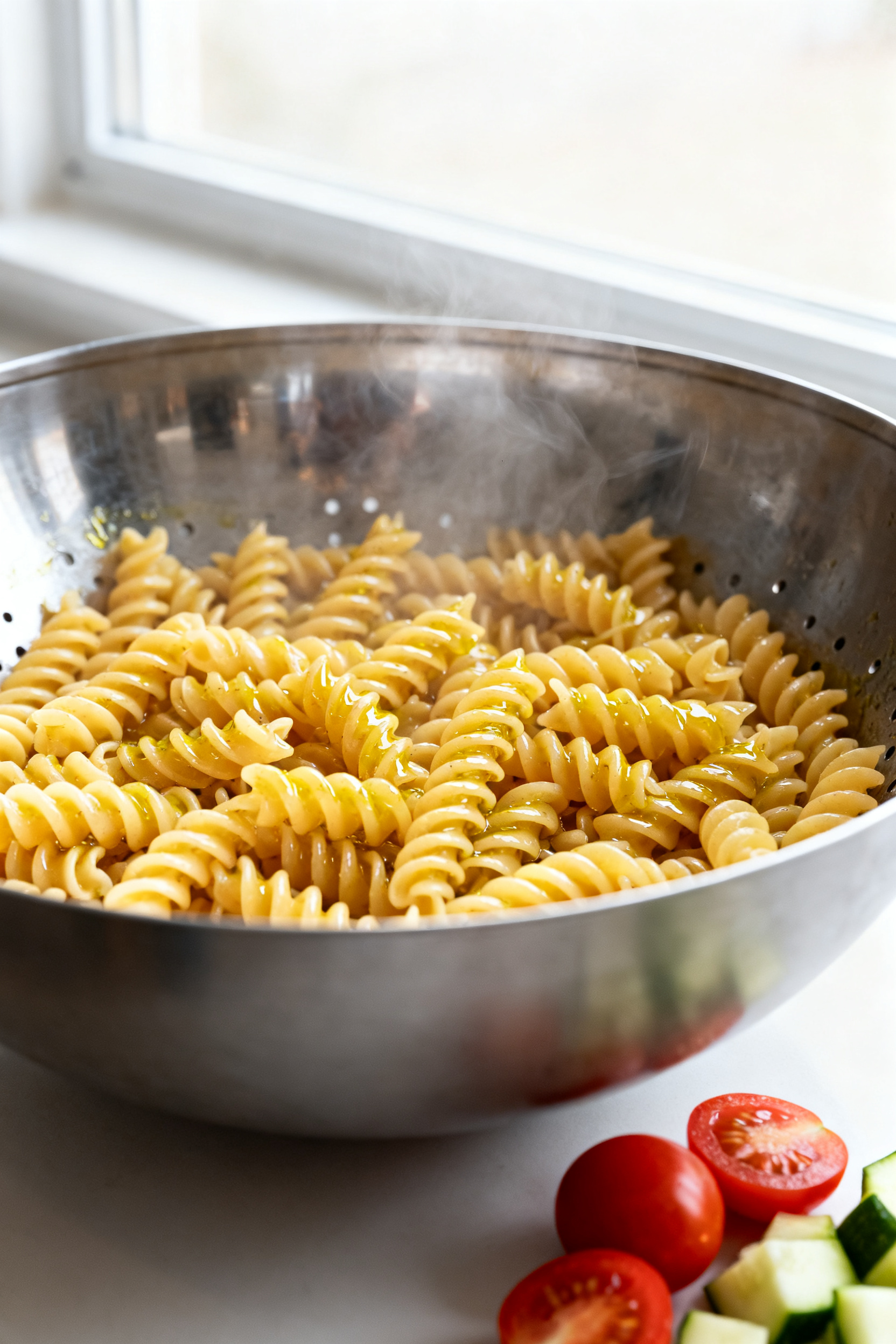 Summer Pasta Salad — No One Believes How Easy This Is Cooking process close-up: Just-drained rotini tossed with a glossy sheen of olive oil in a wide stai