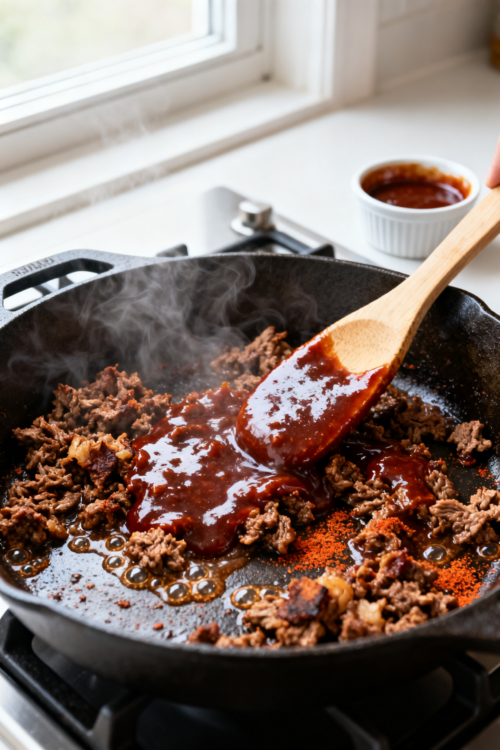 Cooking process close-up: Leftover taco meat sizzling in a cast-iron skillet as glossy BBQ sauce is 