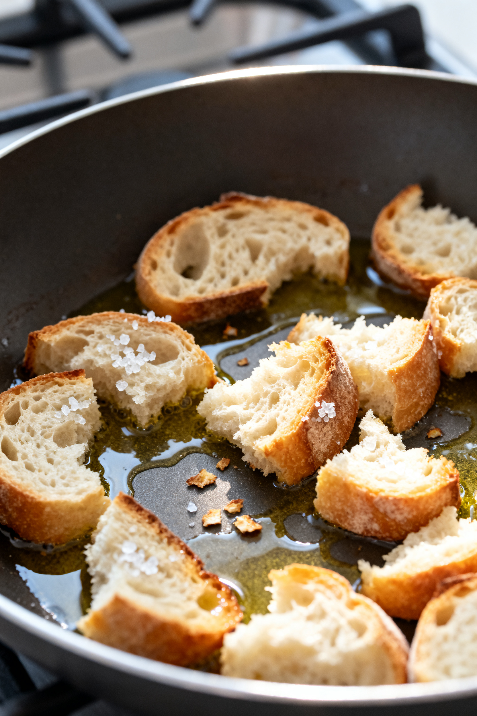 Cooking process — Close-up of torn stale bread chunks toasting in a slick of olive oil in a wide s