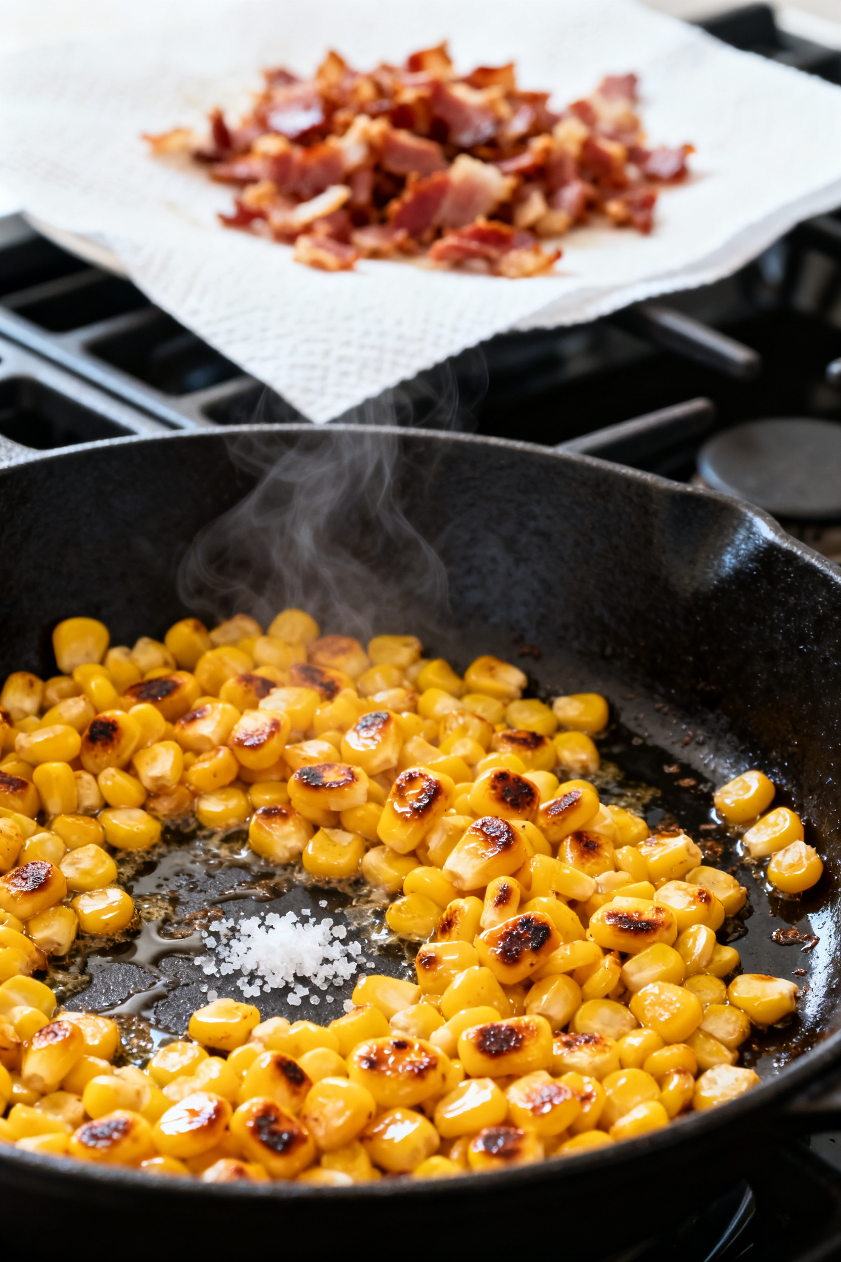 Cooking process close-up: Sautéed corn kernels lightly charred in reserved bacon fat in a black ski