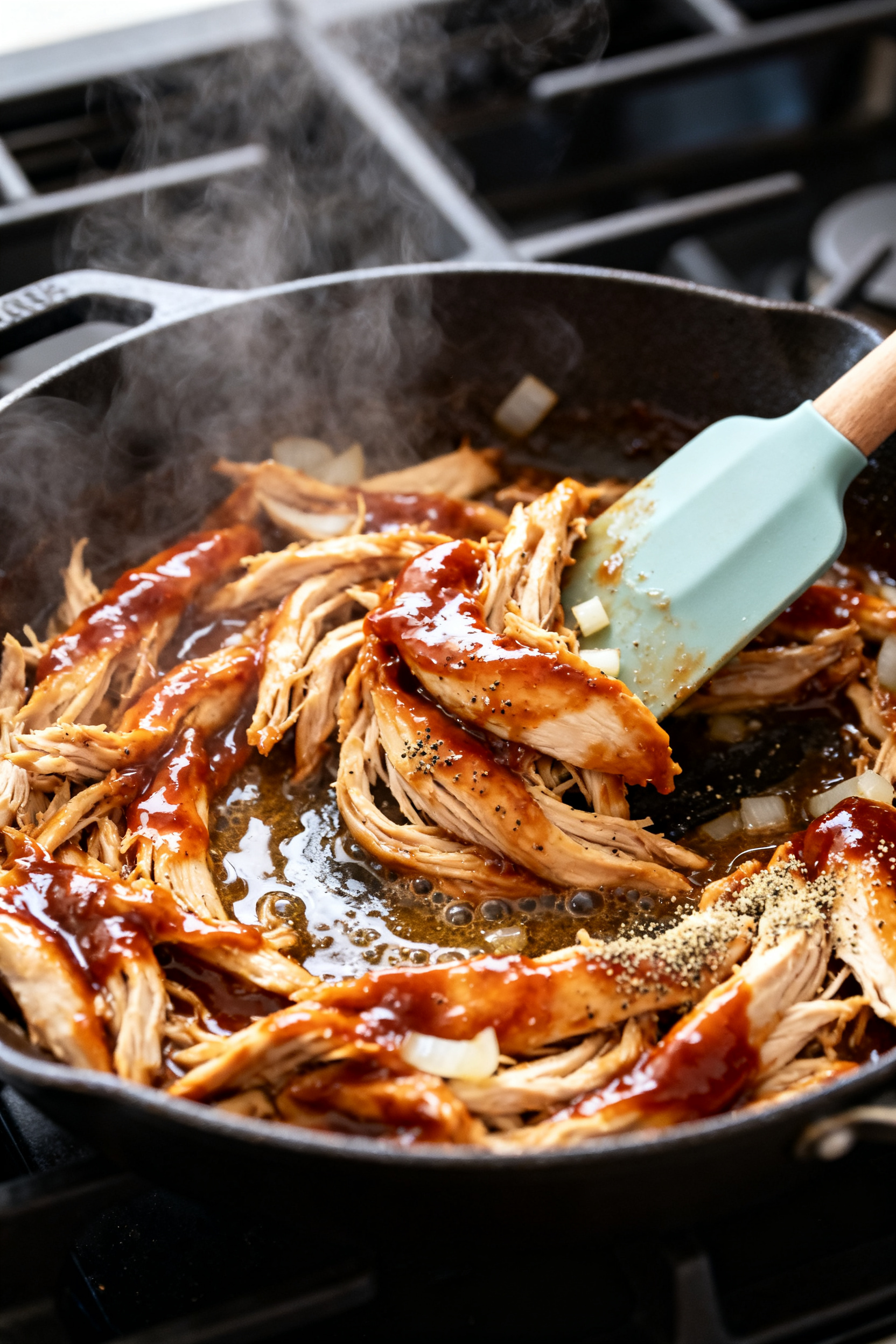 Cooking process close-up: Shredded chicken simmering in a skillet with glossy BBQ sauce and a splash