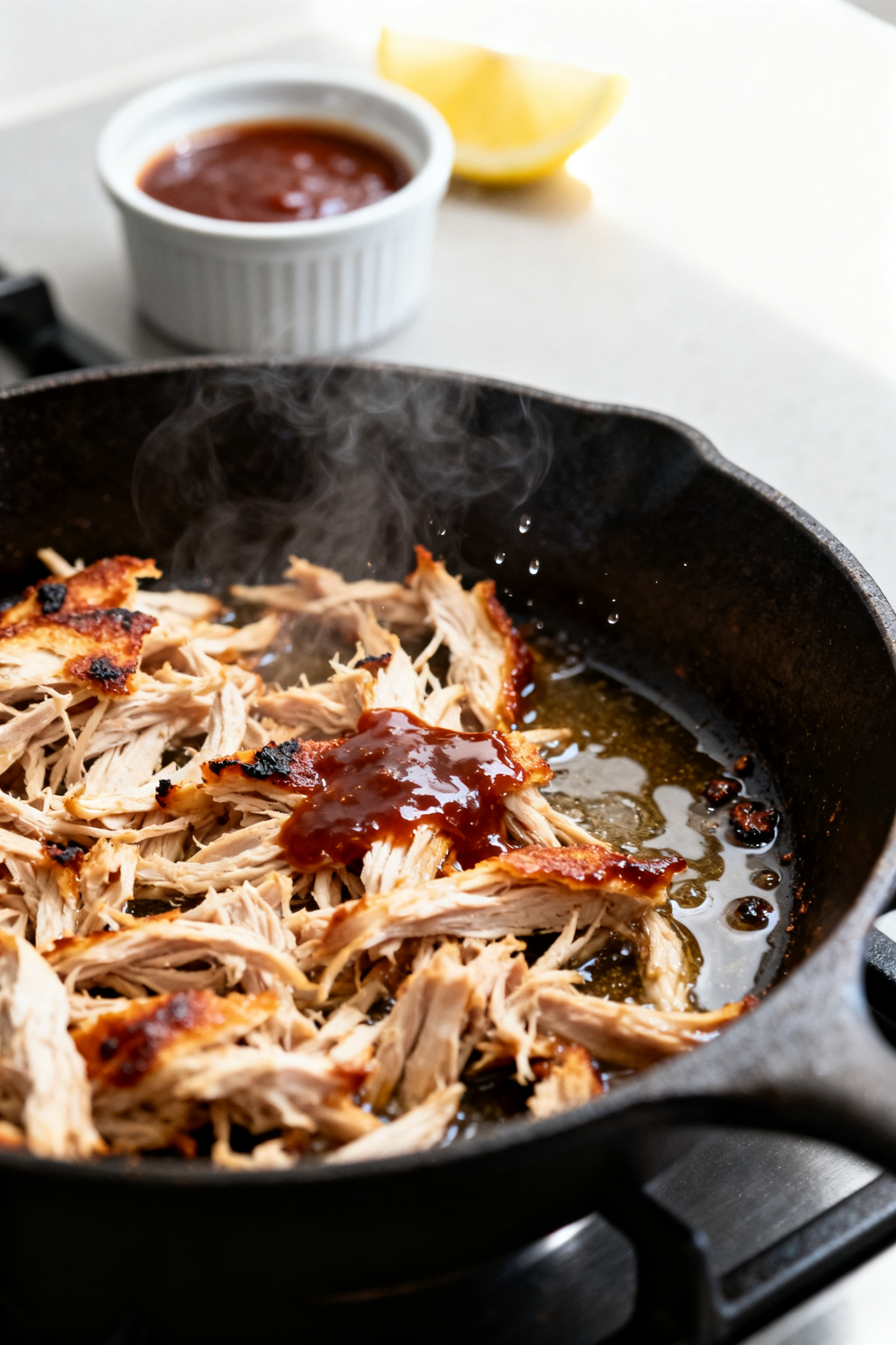Cooking process close-up: Shredded leftover BBQ chicken sizzling in a cast-iron skillet with a splas