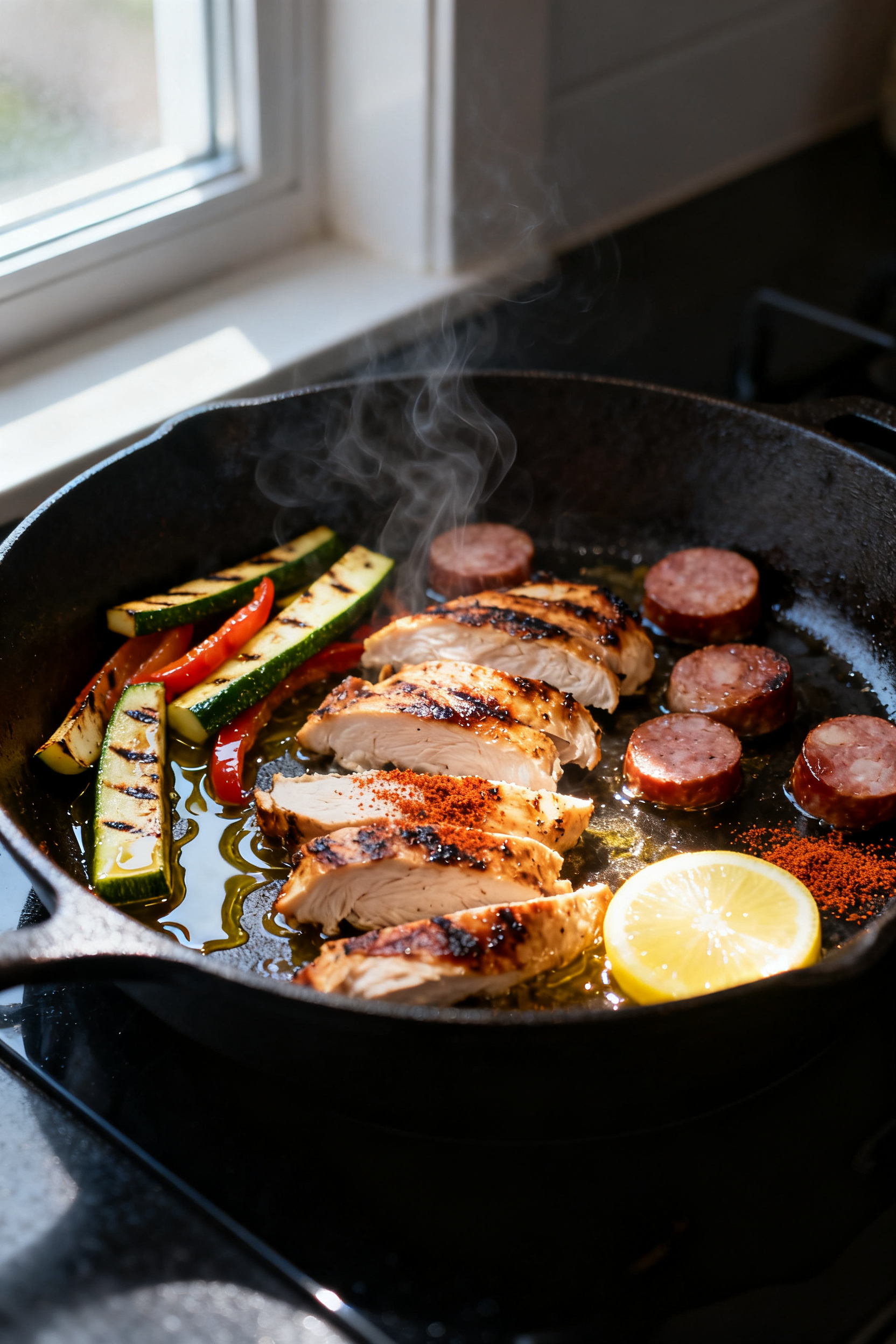 Summer Dinner Recipes Grill — Easy BBQ Leftover Dinner - A Simple Way to Reinvent Cookout Extras Cooking process, close-up: Sizzling skillet with sliced leftover grilled chicken and sausage being g