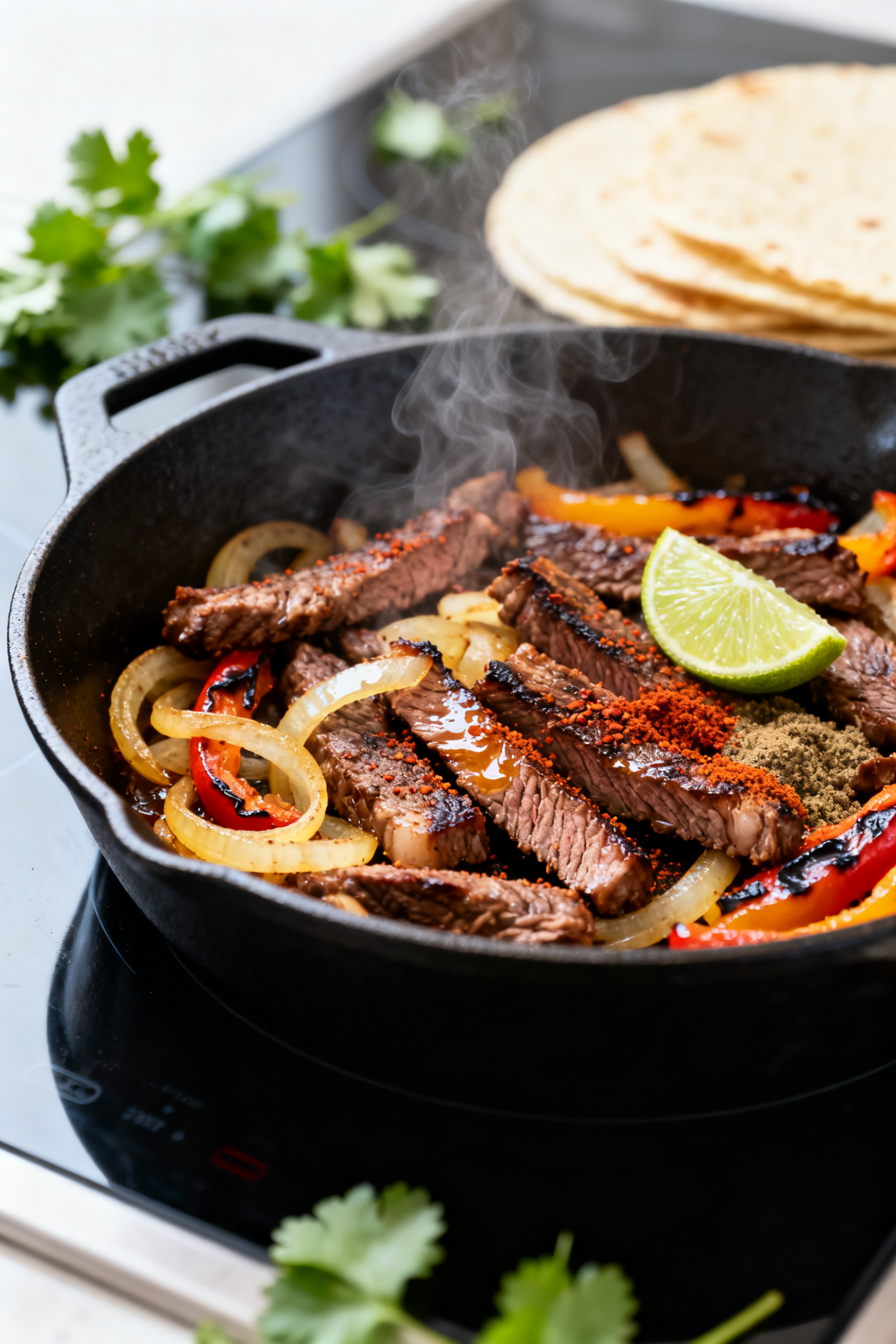 Nothing Left? You Still Have Dinner. → Leftover Steak Recipes — Nothing Left You Still Eat Well - Easy Ways to Turn Last Night’s Steak Into Tonight’s Meal Cooking process close-up: Sizzling taco-style leftover steak in a skillet with softened golden onion