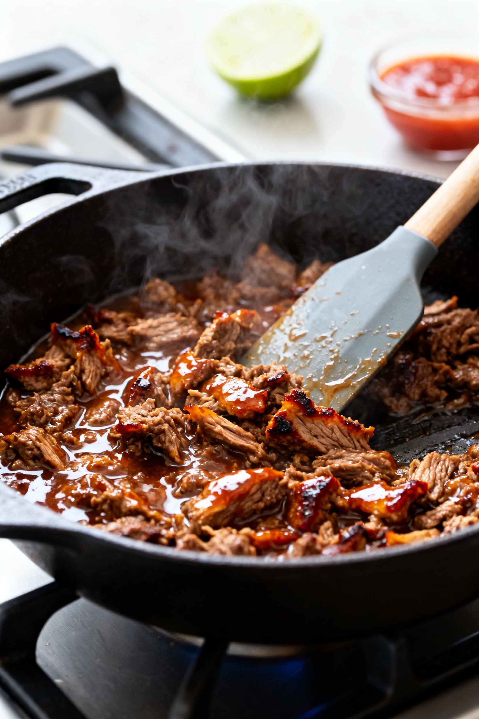 Sweet. Spicy. Gone in 5 Minutes. → "Leftover Taco Meat Recipes — Sweet Spicy Gone in 5 Min" - Fast, Flavor-Packed Ideas Cooking process close-up: Skillet of reheated leftover taco meat sizzling over medium heat, glossy a