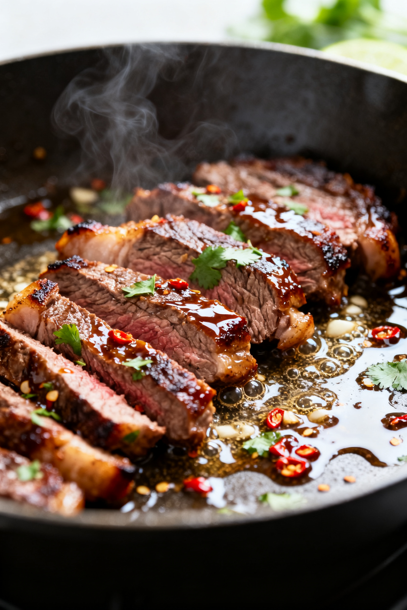 Cooking process close-up: Thin slices of leftover ribeye sizzling in a stainless skillet, edges ligh